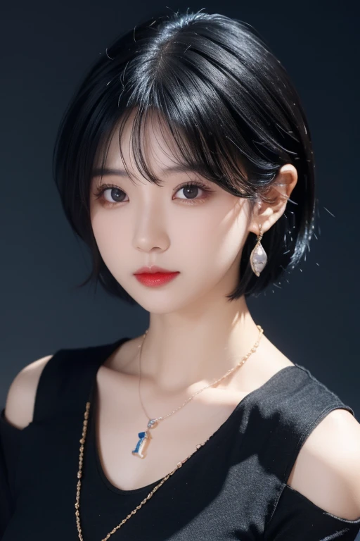 Japanese、Black Hair、short hair、Mid-chest、iris、cute、sexy、Fish Necklace、Earrings、Dark Background