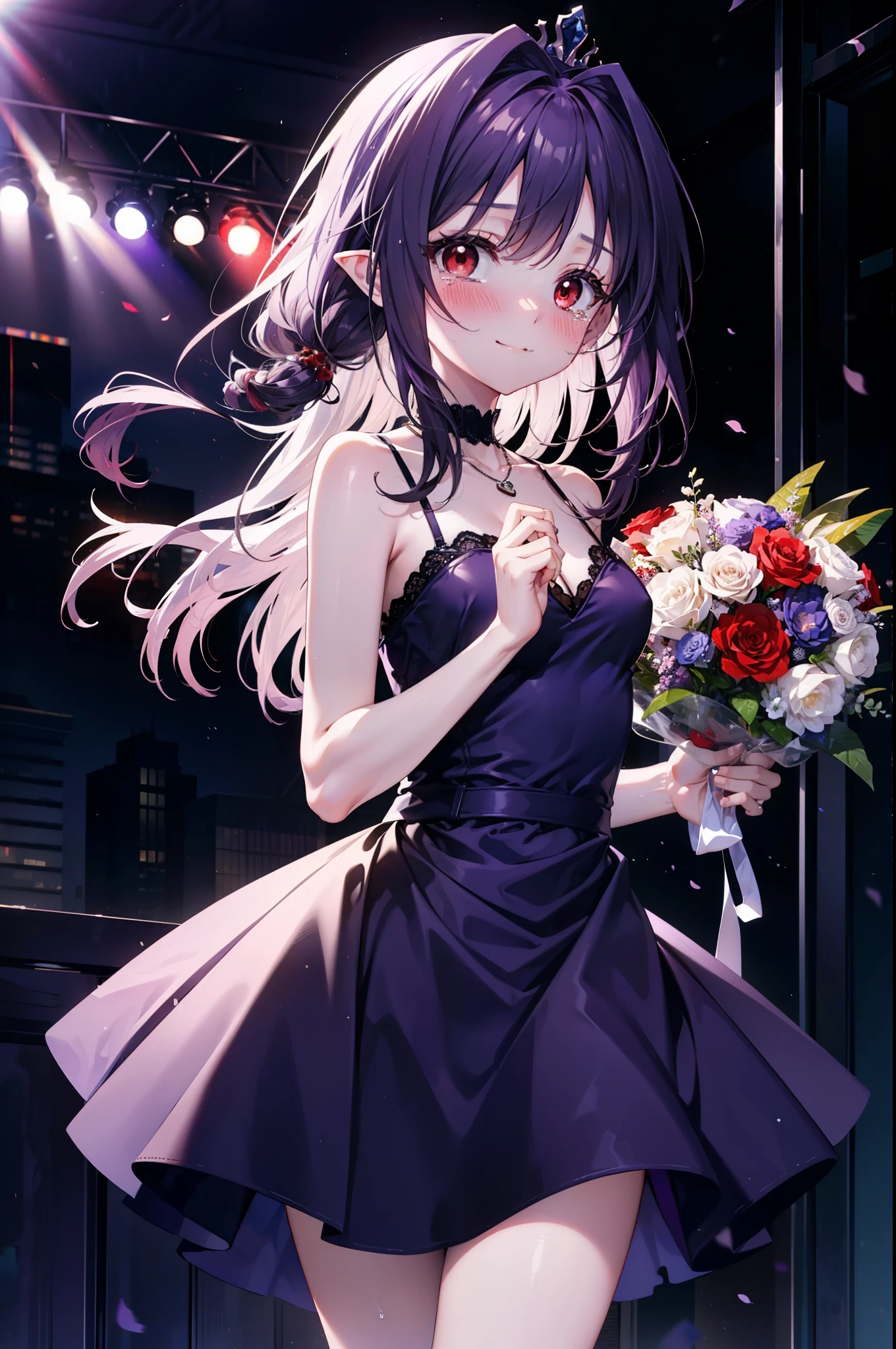 yuukikonno, Yuki Konno,Long Hair, tiara,Pointy Ears, Purple Hair, (Red eyes:1.5), (Small breasts:1.2), smile,Purple Dress,Purple long skirt,purple stiletto heels,No sleeve,Expose your shoulders,Bare arms,Bare neck,bare clavicle,Holding a large bouquet in both hands,Heart Necklace,Tears stream down her face,Tears of joy,I cry a lot,whole bodyがイラストに入るように,
break indoors, on stage,Party Venue,
break looking at viewer, whole body,
break (masterpiece:1.2), highest quality, High resolution, unity 8k wallpaper, (shape:0.8), (Beautiful details:1.6), Highly detailed face, Perfect lighting, Highly detailed CG, (Perfect hands, Perfect Anatomy),