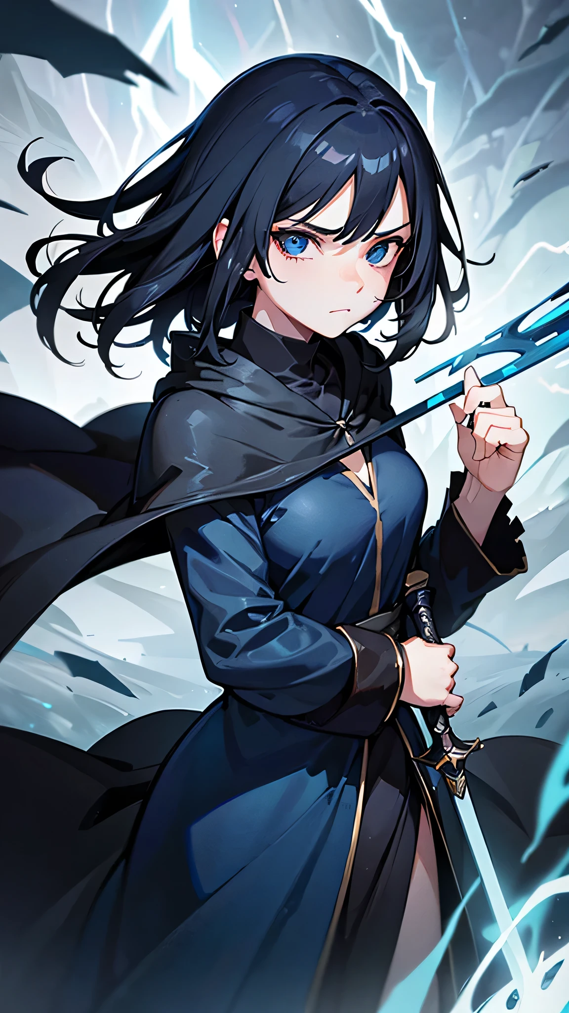 1girl, highly detailed, masterpiece, best quality, correct hands, correct eyes, short black hair, blue eyes, black robes, blue shirt, medium sized breasts, smug look, satisfied look, forest background, in a storm, surronded by lightning, holding a staff, holding a sword, floating above the ground, in the middle of a storm