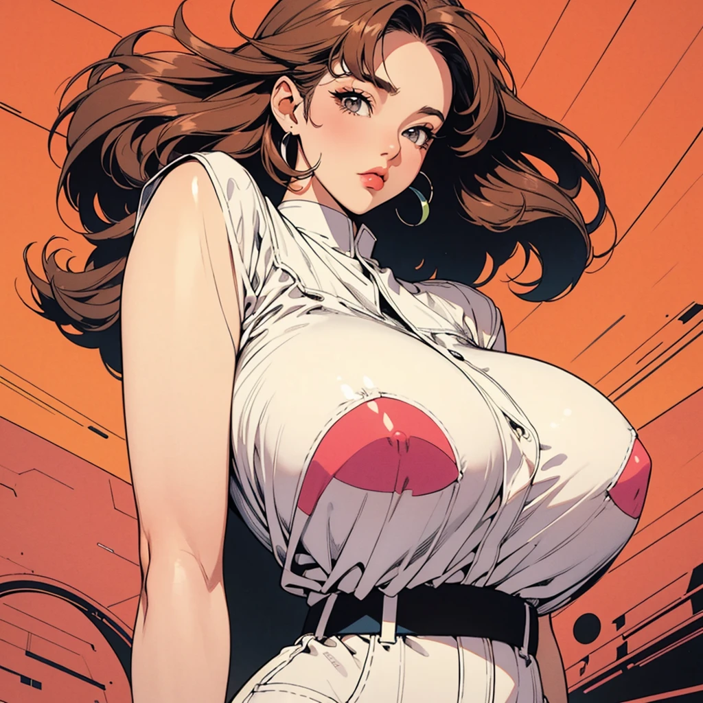 woman, 90's, retro, (flat colors, flat texture, lineart:1.2), gigantic breasts