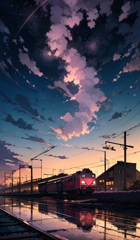 anime scene of a train passing under a pink and purple sky, an anime drawing by Makoto Shinkai, trending on pixiv, magical realism, beautiful anime scene, cosmic skies. by makoto shinkai, ( ( makoto shinkai ) ), by makoto shinkai, anime background art, style of makoto shinkai add lighthing in clouds