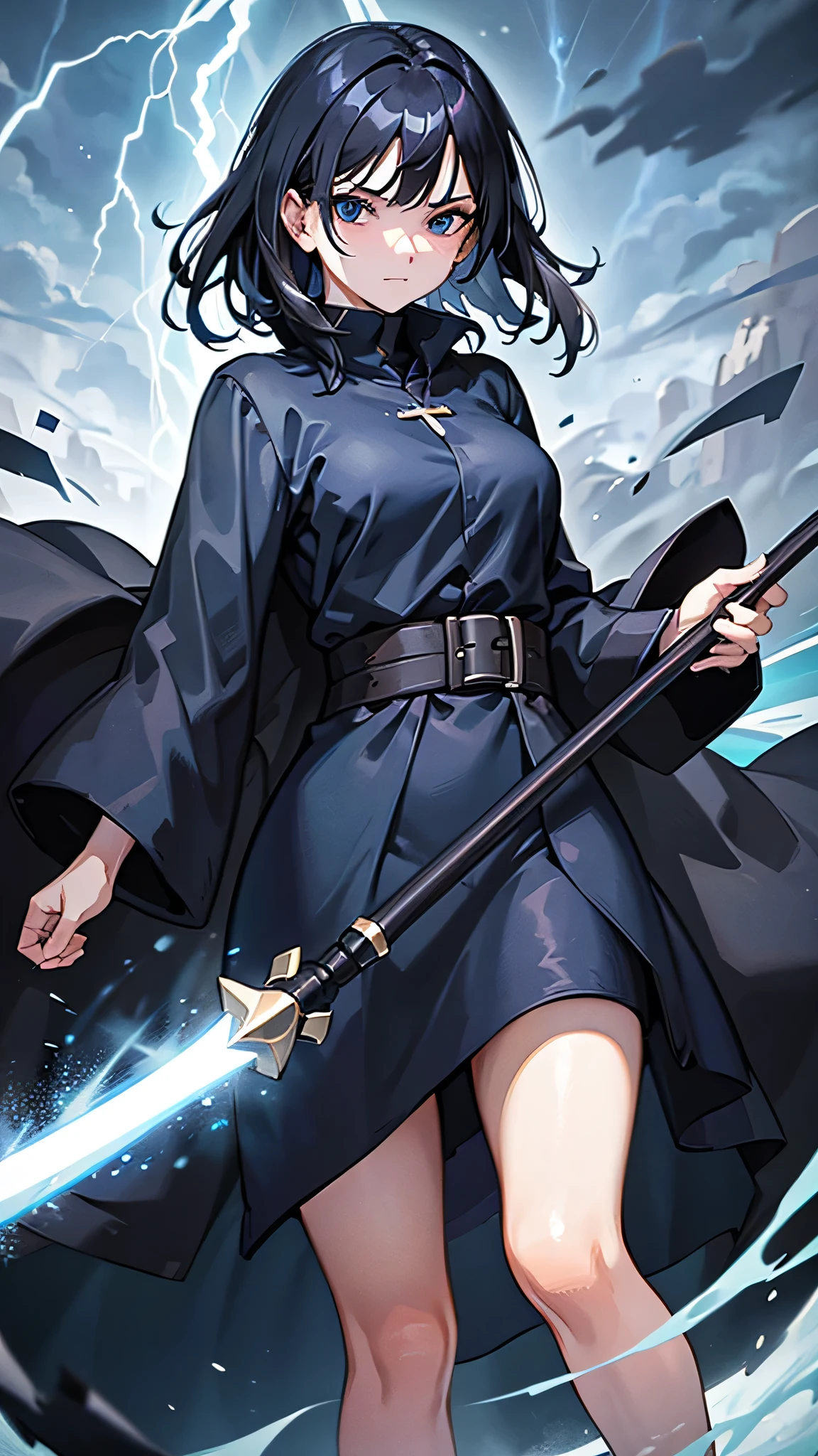 1girl, highly detailed, masterpiece, best quality, correct hands, correct eyes, short black hair, blue eyes, black robes, blue shirt, medium sized breasts, smug look, satisfied look, forest background, in a storm, surronded by lightning, holding a staff, holding a sword, floating above the ground, in the middle of a storm