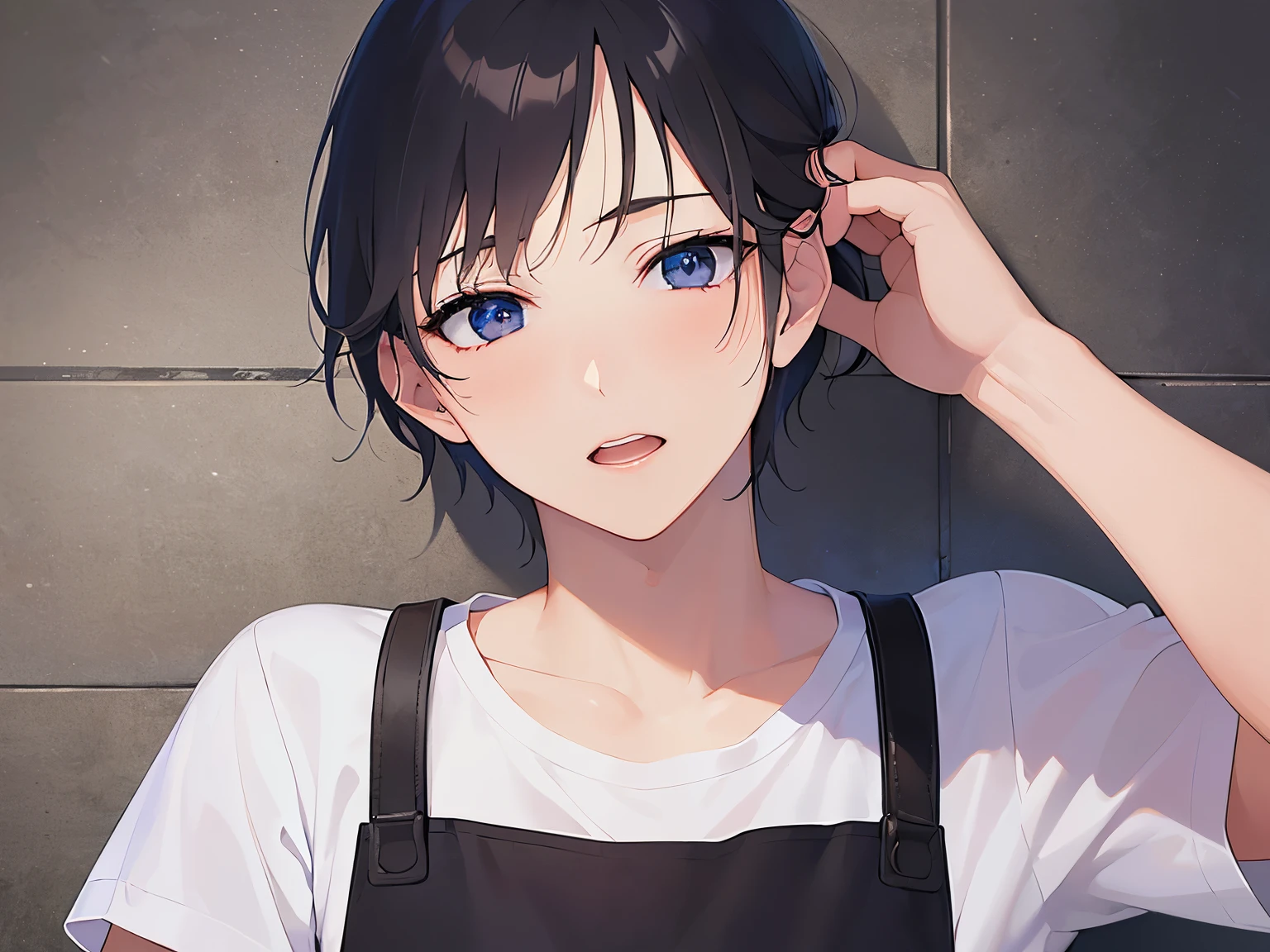 Placing hand on head, Biologically correct five fingers、extremely detailed CG, 8k, super fine illustration, close-up of your face, masterpiece, top quality, masterpiece, top quality, (25 year old man: 1.5) and (short black hair) and (blue eyes) , (white T-shirt:1.5) and (black apron), standing, confused, open mouth, The background is the entrance, (alone: ​​​​​​1.5),