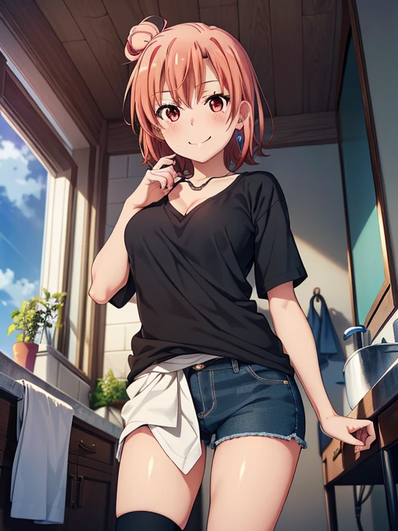 ((masutepiece, Best Quality, hight resolution, nffsw, Perfect Pixel, depth of fields, 4K, )), 1girl in, Solo, , Beautiful anime girl, Beautiful Art Style,
standing:1.3, bathroom background, Looking at wevier.
Perfect body, grin smile, lift tshirt:1.3, taking off the shirt:1.4,
Yuigahama Yui, Hair bun, short hair, large breasts, claverage:1.2,
Full face blush, short pants,
straight-on:1.3, medium shot