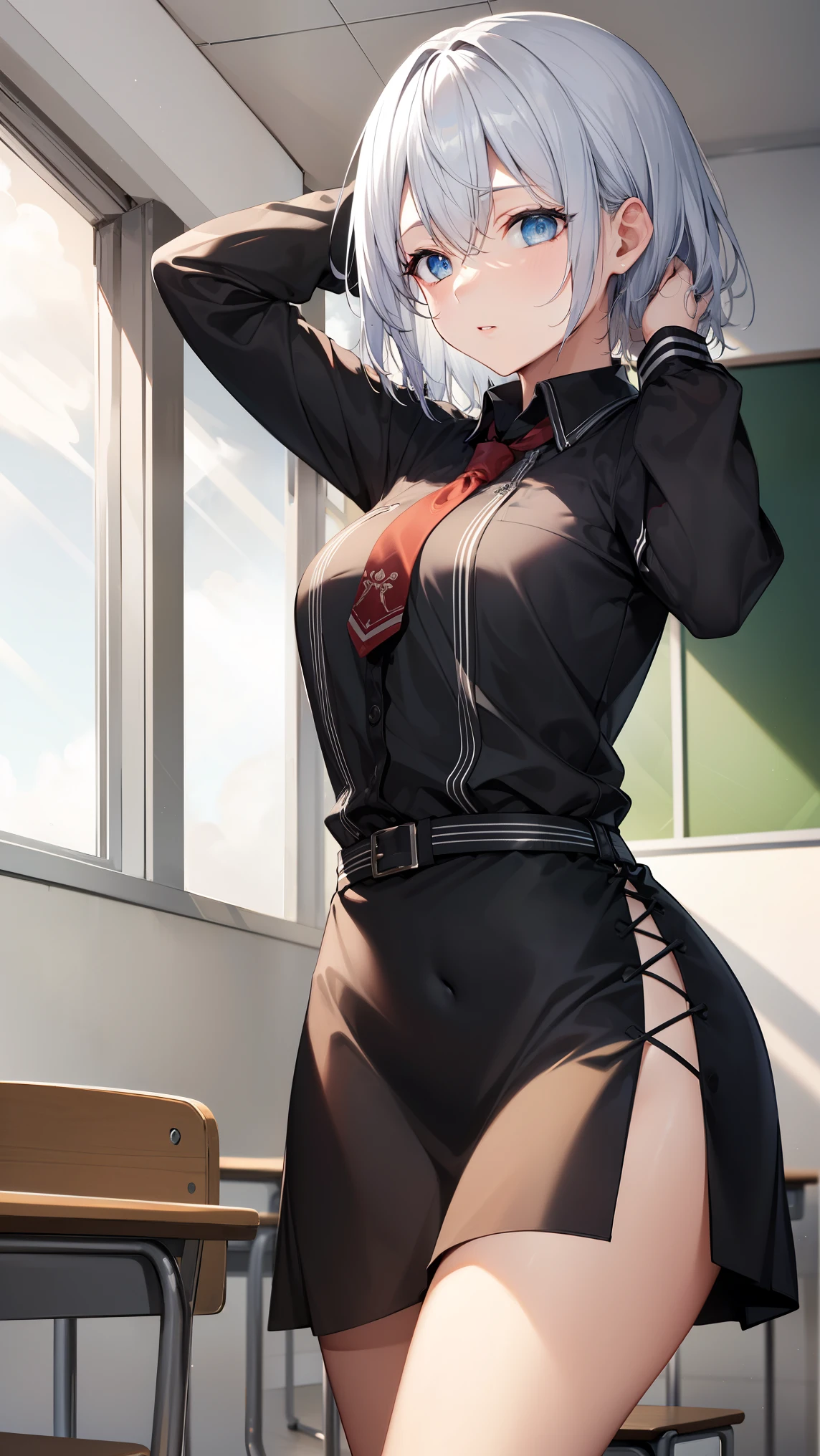 white hair, blue eyes, x hair ornament,
BREAK (school uniform, shirt, skirt, jacket, necktie:1.2),
BREAK folds hands behind head,open legs,
BREAK indoors, classroom,
BREAK (masterpiece:1.2), best quality, high resolution, unity 8k wallpaper, (illustration:0.8), (beautiful detailed eyes:1.6), extremely detailed face, perfect lighting, extremely detailed CG, (perfect hands, perfect anatomy),