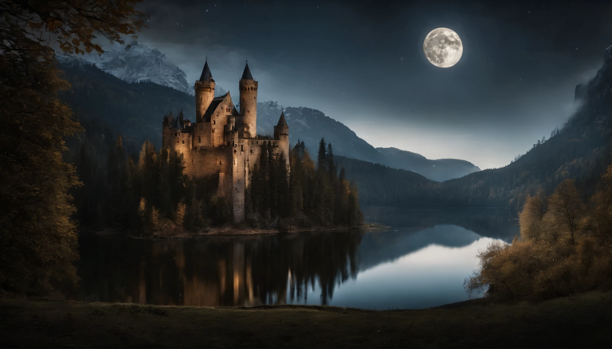 Big castle in the mountains, high towers, forest of nine conifers, lake in front of the castle, dark starry night, the moon