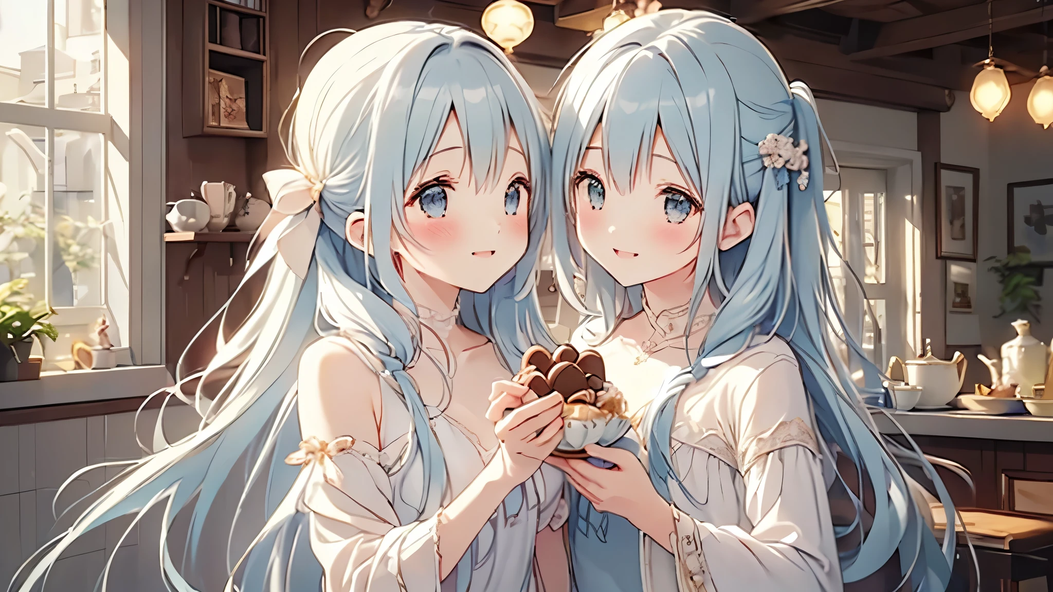 flat chest,masterpiece, best quality, extremely detailed, (illustration, official art:1.1), 1 girl ,(((( light blue long hair)))), light blue hair, , blunt bangs,10 years old, long hair ((blush)) , cute face, big eyes, masterpiece, best quality,(((((a very delicate and beautiful girl))))), small Girl,Amazing,beautiful detailed eyes,blunt bangs((((little delicate girl)))),tareme(true beautiful:1.2), ,,, affectionate smile,(8K, Raw photography, top-quality, ​masterpiece:1.2),Valentine's Day Preparation:

An anime character in a cozy, warmly lit kitchen, surrounded by ingredients and utensils for making chocolates. The character is focused on pouring melted chocolate into heart-shaped molds, with ribbons, wrapping paper, and small cards scattered around, suggesting the preparation of personalized gifts. The ambiance is one of anticipation and joy, as the character prepares these tokens of affection.