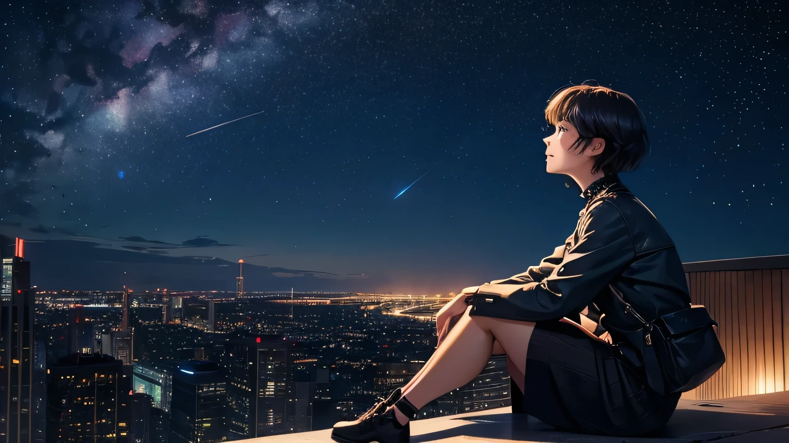 A woman's side profile, she's sitting on top of a building. there is a starry sky which she is looking up to. There are other buildings that are lit on around hers. She is looking at the sky and she has short hair