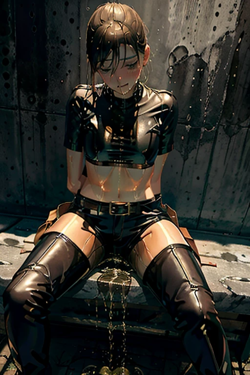 High resolution, Beautiful woman, Attention to detail, Good lighting, Obscene, Hentai, (No nudity), ((((Wet bike shorts)))), ((Tight leather top)), ((((Leather thigh-high boots)))), Abdominal area only, (Wet pants), (((Incontinent))), (((Peeing))), (((Peeing on your own))), (Pee drips from the crotch), Pee stains, (puddle), (Thick thighs), Nice long legs, lipstick, Detailed face, Pretty face, Clean hands, Embarrassed and blushing face, Humiliated, ((Sitting with legs apart)), (Sitting on a bench), Heherz, Tied up with rope