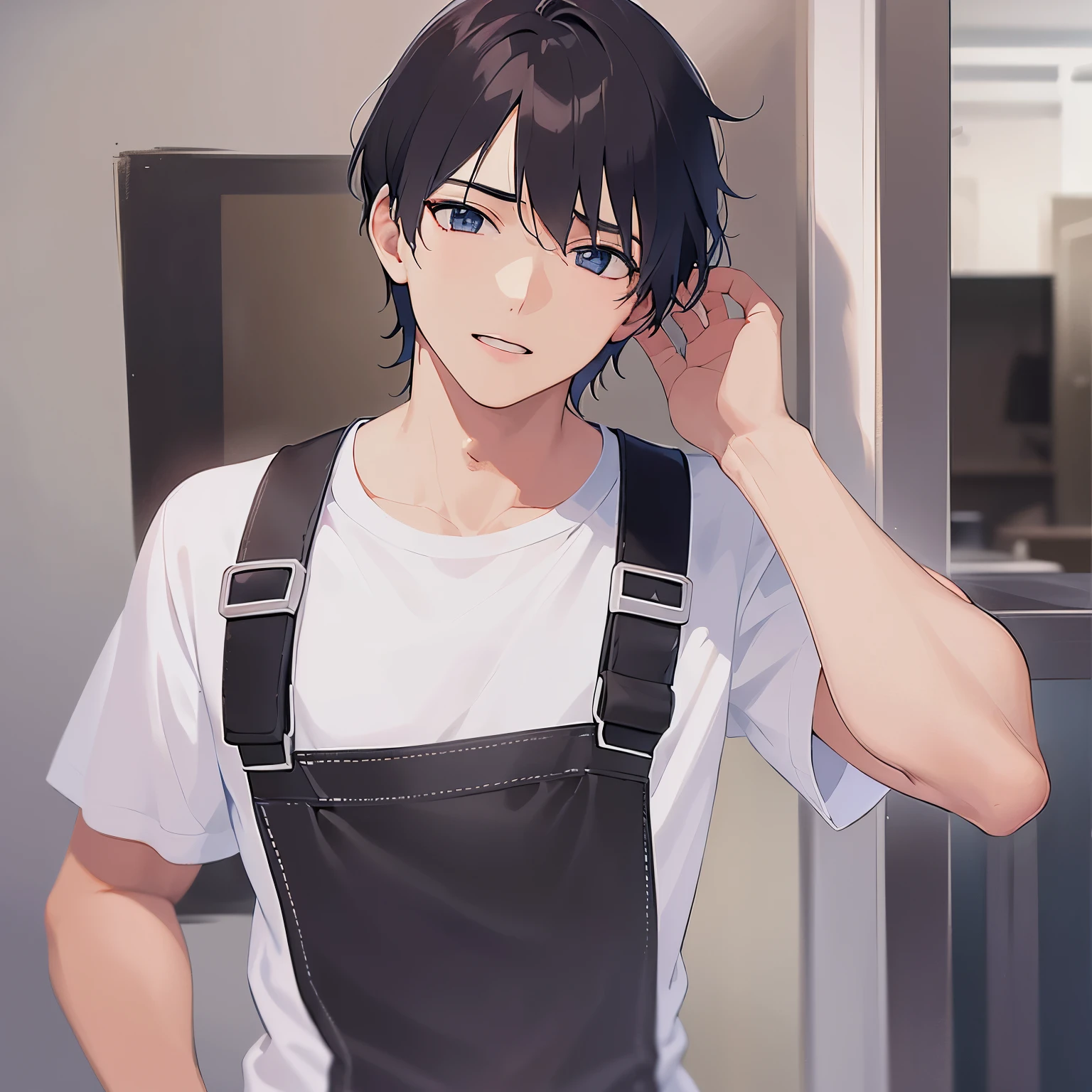 Placing hand on head, Biologically correct five fingers、extremely detailed CG, 8k, super fine illustration, close-up of your face, masterpiece, top quality, masterpiece, top quality, (25 year old man: 1.5) and (short black hair) and (blue eyes) , (white T-shirt:1.5) and (black apron), standing, confused, open mouth, The background is the entrance, (alone: 1.5),