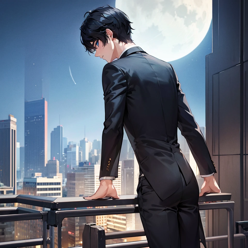 1boy, short black hair, blue eyes, wearing all black suit, city, absurdres, high res, ultrasharp, 8K, masterpiece, looking at viewer from behind, full moon