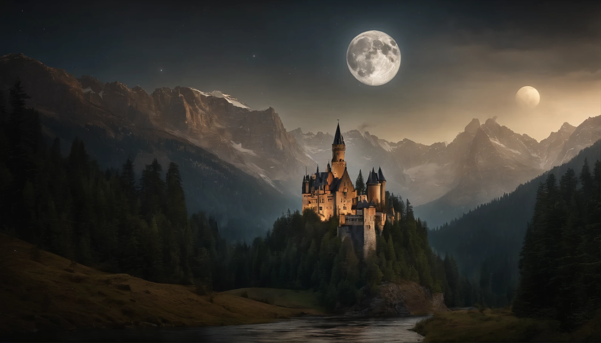 Big castle in the mountains, high towers, forest of nine conifers, lake in front of the castle, dark starry night, the moon