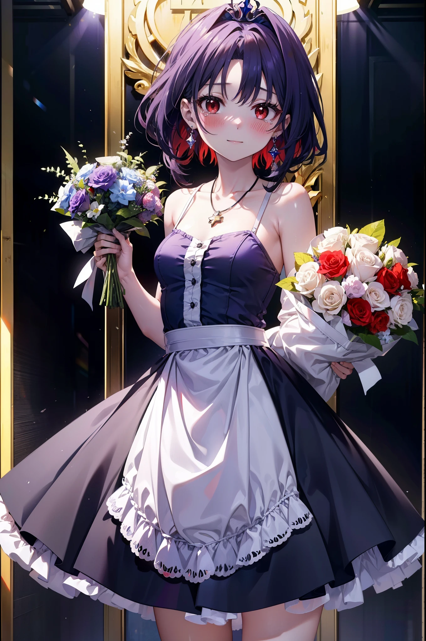 yuukikonno, Yuki Konno,Long Hair, tiara,Pointed Ears, Purple Hair, (Red eyes:1.5), (Small breasts:1.2), smile,Purple Dress,Purple long skirt,Purple stiletto heels,Sleeveless,Expose your shoulders,Bare arms,Bare neck,bare clavicle,She is holding a large bouquet of flowers in both hands.,There is a big cake on the table,Heart Necklace,Tears stream down her face,Tears of joy,I cry a lot,上から下へ覗き込む
break indoors, Party Venue,on stage,
break looking at viewer, Upper Body, (Cowboy Shot:1.5),
break (masterpiece:1.2), highest quality, High resolution, unity 8k wallpaper, (shape:0.8), (Beautiful details:1.6), Highly detailed face, Perfect lighting, Extremely detailed CG, (Perfect hands, Perfect Anatomy),