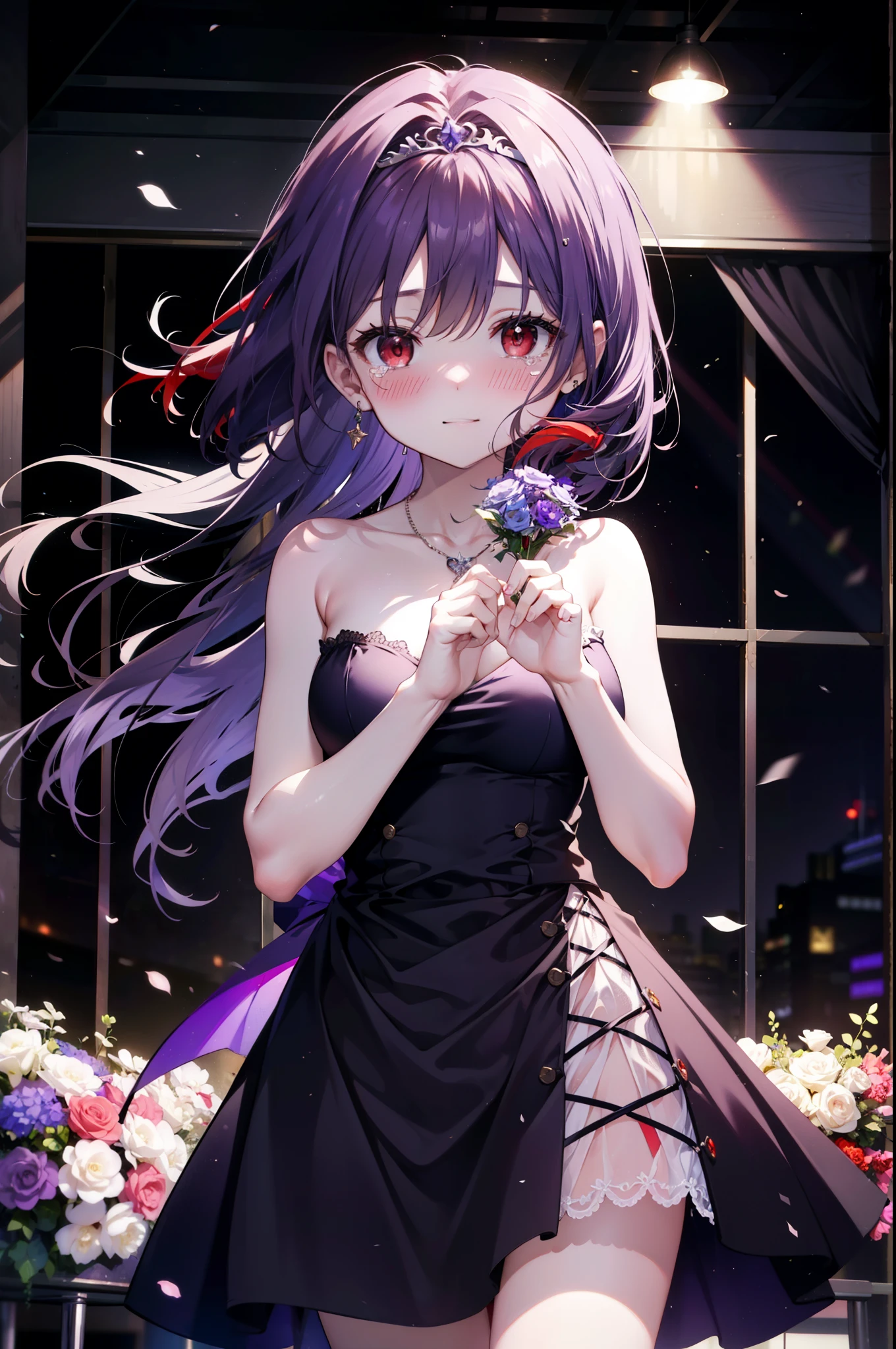 yuukikonno, Yuki Konno,Long Hair, tiara,Pointed Ears, Purple Hair, (Red eyes:1.5), (Small breasts:1.2), smile,Purple Dress,Purple long skirt,Purple stiletto heels,Sleeveless,Expose your shoulders,Bare arms,Bare neck,bare clavicle,She is holding a large bouquet of flowers in both hands.,There is a big cake on the table,Heart Necklace,Tears stream down her face,Tears of joy,I cry a lot,上から下へ覗き込む
break indoors, Party Venue,on stage,
break looking at viewer, Upper Body, (Cowboy Shot:1.5),
break (masterpiece:1.2), highest quality, High resolution, unity 8k wallpaper, (shape:0.8), (Beautiful details:1.6), Highly detailed face, Perfect lighting, Extremely detailed CG, (Perfect hands, Perfect Anatomy),