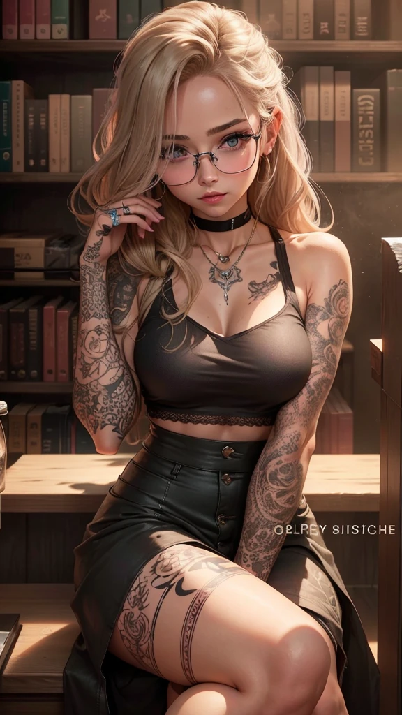 Beautiful girl , slim fit body , long blonde hair, , crop top with open top , mini skirt, rose pink lips, blushed cheeks, cute face , detailed skin, grey eyes, slim waist , big breasts , tattooed body , glasses