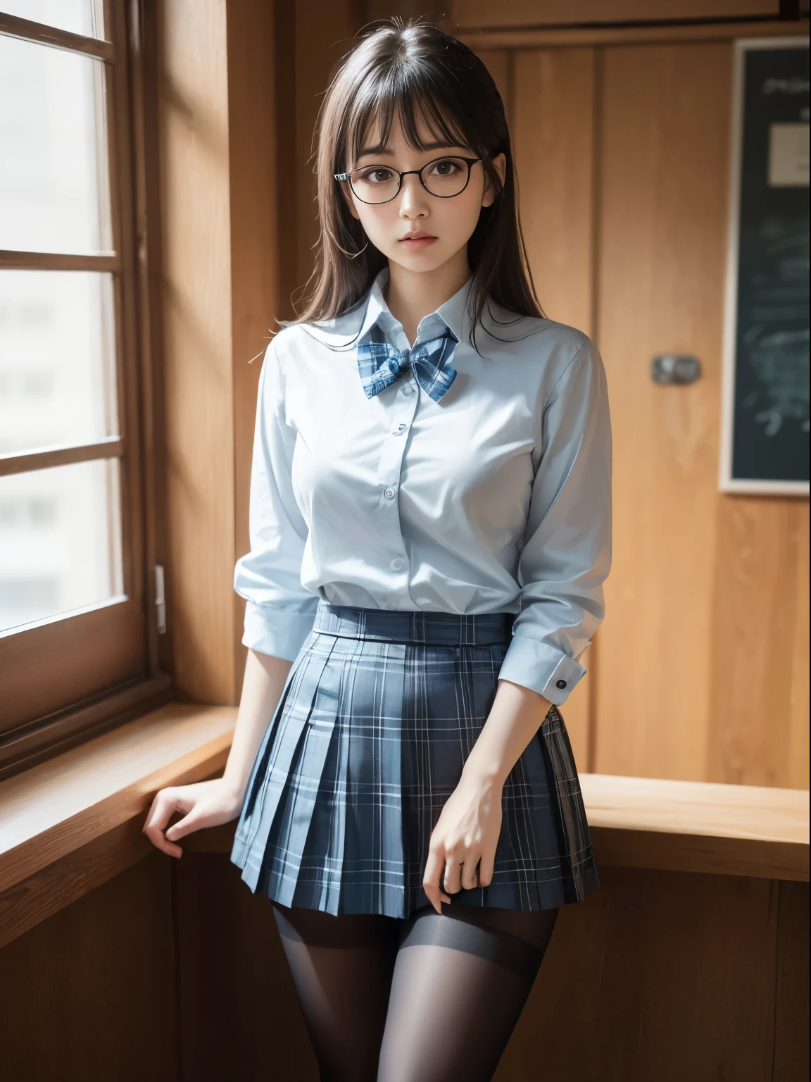 (8K、Raw photography、top-quality、masterpiece:1.2),Bullish,Muchimuchi,??????,Pupils,Light Blue Bra,de pele branca,kne,(Black pantyhose),absurderes,a small face,,flat breast,Parting the bangs from the middle、Forehead visible,(a cold expression,Tight eyes,glares,Bullish,skinny,Rasping,irate)、masterpiece,top-quality、超A high resolution,Raw photo,ren,Beautiful fece,One Person, solo,eye glass,,Dark look,Small breasts,fullllbody,Round glasses、cute little、JK ,hi-school girl,A Japanese Lady,is standing,(Photorealsitic:1.37)、Photon mapping,Realistic、Cute little face,Brown-eyed、Black socks、(Red bow tie)、Radio City、Physically Based Rendering、Foreground、depth of fields、Blurry background、a picture,The girls、Body,beauty legs, Long legs, Thin leg,(shorttwintail),(Bangs are visible), hair, s lips, Blue_The eye, nosesoft,(Light blue shirt), (Navy and blue and white plaid pleated skirt), Knees are visible,Sheer clothing,, Thigh, Black cotton socks,Nogizaka Idol, , Japanese ido