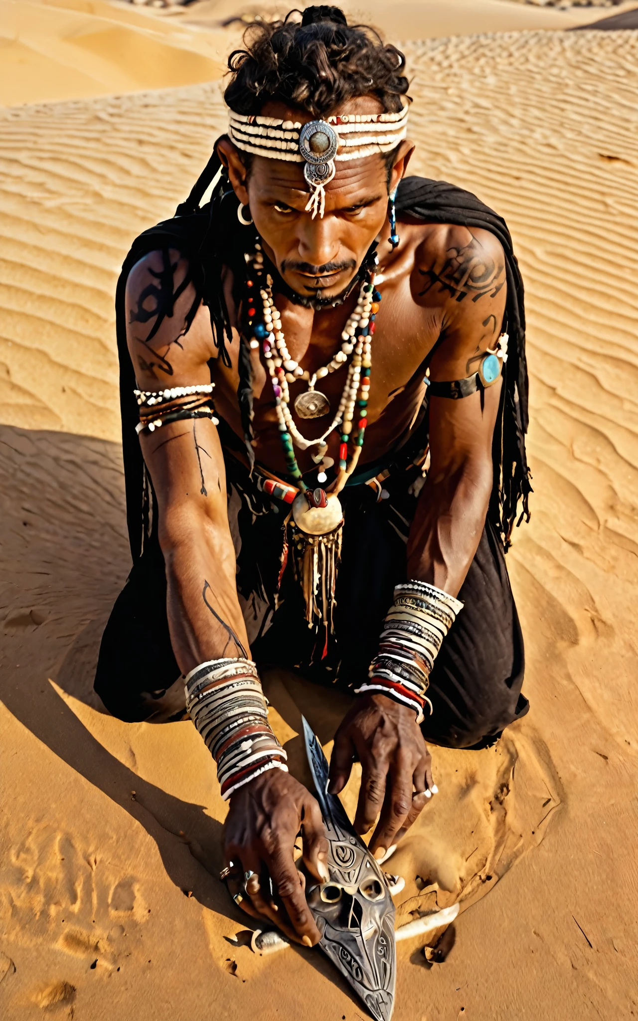 A sorcerer leaning towards the viewer,Photo from above,Tribal,desert,Voodoo rituals,Ultra HD details