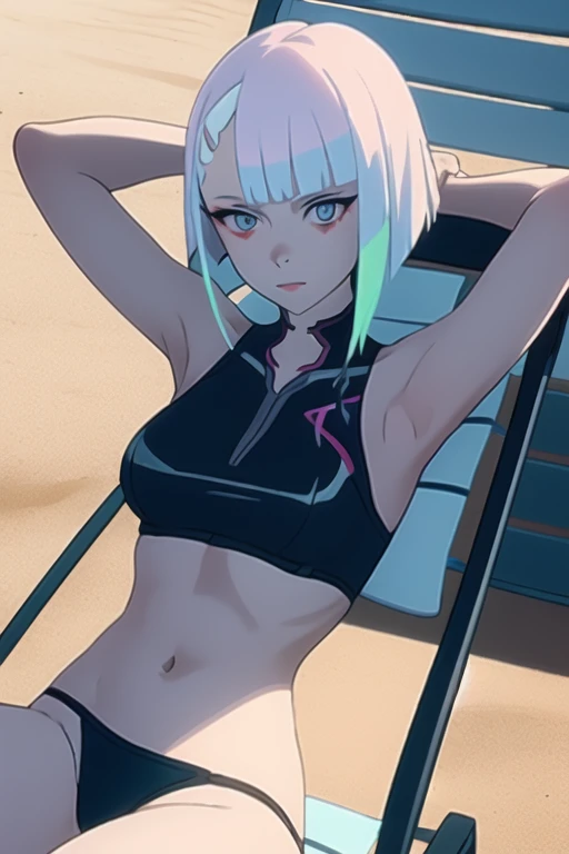 Lucy \(cyberpunk\),
1 girl, in a black bra, in a black bikini, ity, long legs, Naked лежит на sun loungerе, sun lounger, armpits, Sun, wound, beach, upper body,
short hair, solo
cyberpunk edgerunners,