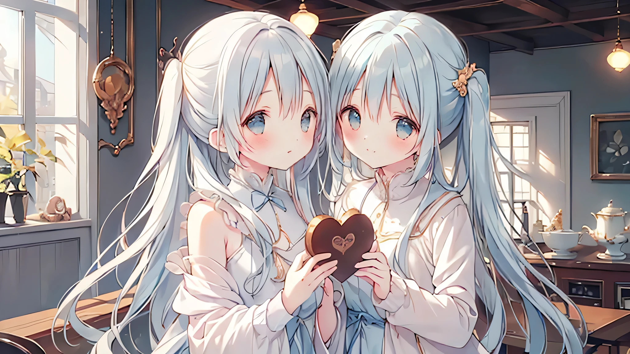 flat chest,masterpiece, best quality, extremely detailed, (illustration, official art:1.1), 1 girl ,(((( light blue long hair)))), light blue hair, , blunt bangs,, long hair ((blush)) , cute face, big eyes, masterpiece, best quality,(((((a very delicate and beautiful girl))))), small Girl,Amazing,beautiful detailed eyes,blunt bangs((((little delicate girl)))),tareme(true beautiful:1.2), ,,, affectionate smile,(8K, Raw photography, top-quality, ​masterpiece:1.2),Valentine's Day Preparation:

An anime character in a cozy, warmly lit kitchen, surrounded by ingredients and utensils for making chocolates. The character is focused on pouring melted chocolate into heart-shaped molds, with ribbons, wrapping paper, and small cards scattered around, suggesting the preparation of personalized gifts. The ambiance is one of anticipation and joy, as the character prepares these tokens of affection.