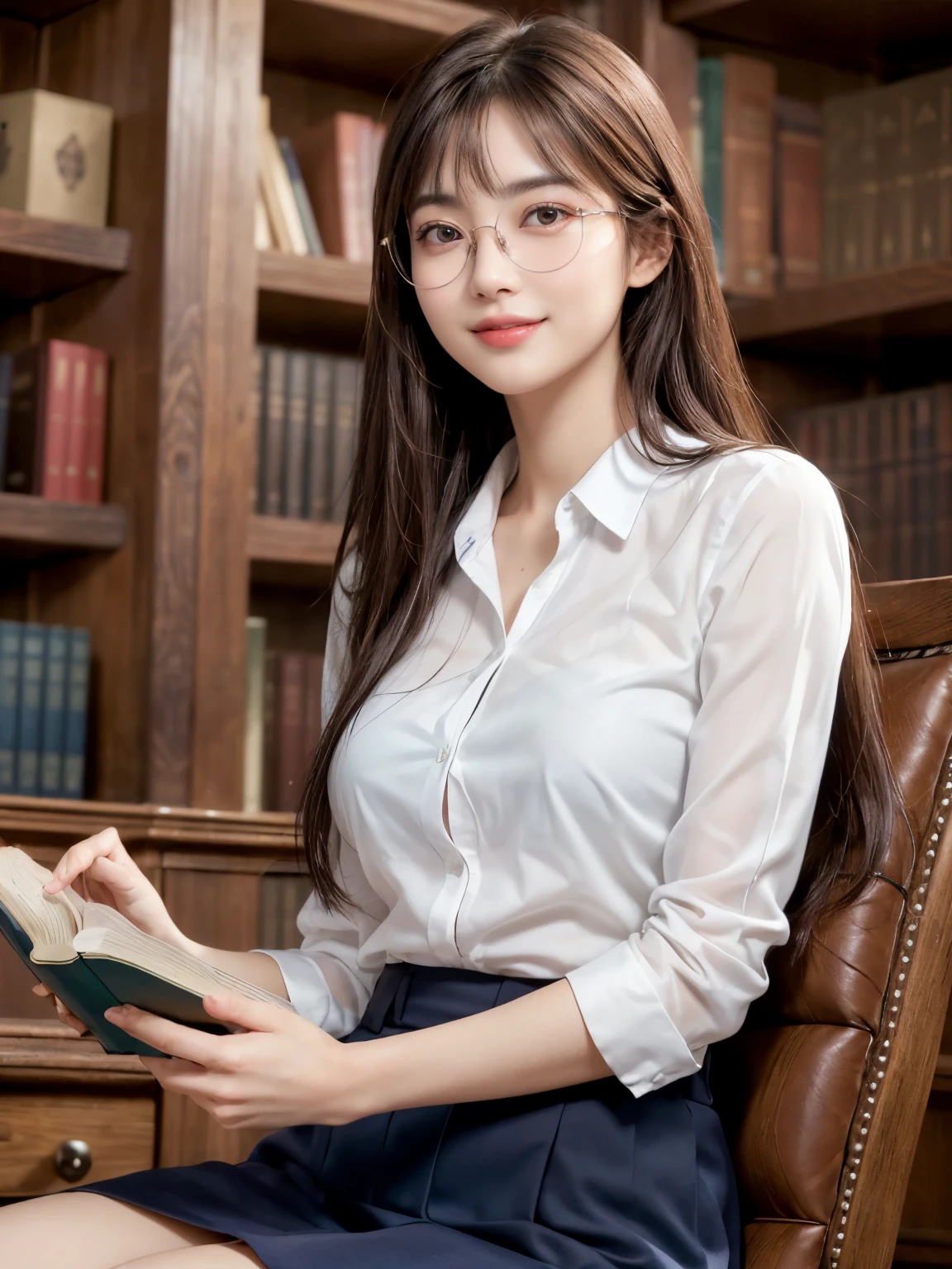 8k, highest quality, masterpiece, Ultra-high resolution, (Realistic:1.4), whole body、RAW Photos, ((Long brown straight hair, See-through bangs))), Beautiful Details 1 Girl, (Realistic:1.4), High-resolution RAW color photos, Professional photos, Highly detailed eyes and face, Natural light, Facial details, White skin, Shiny skin, Tight waist, Small Ass, Thin legs,Natural Breasts, just looking at the audience, Cute Smile, Nice body, (((Reading a book in the library)))、Bookshelf、((White shirt、Navy blue 、wear glasses))、Smiling with teeth showing