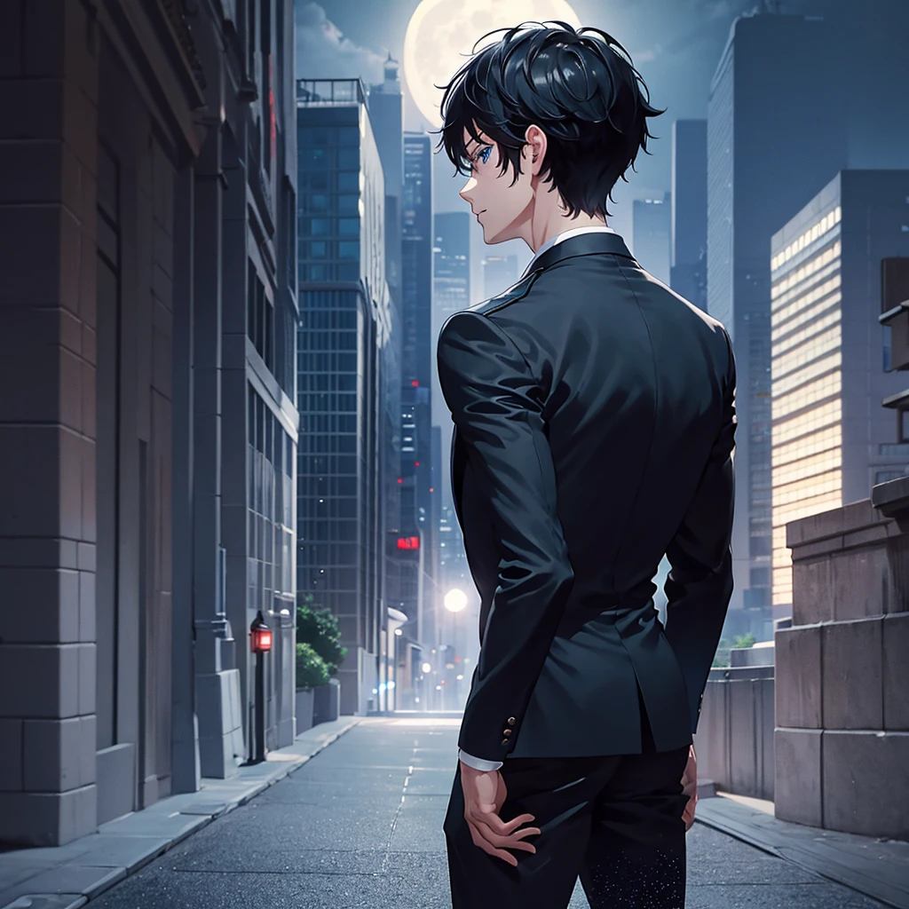 1boy, short black hair, blue eyes, wearing all black suit, city, absurdres, high res, ultrasharp, 8K, masterpiece, looking at viewer from behind, full moon