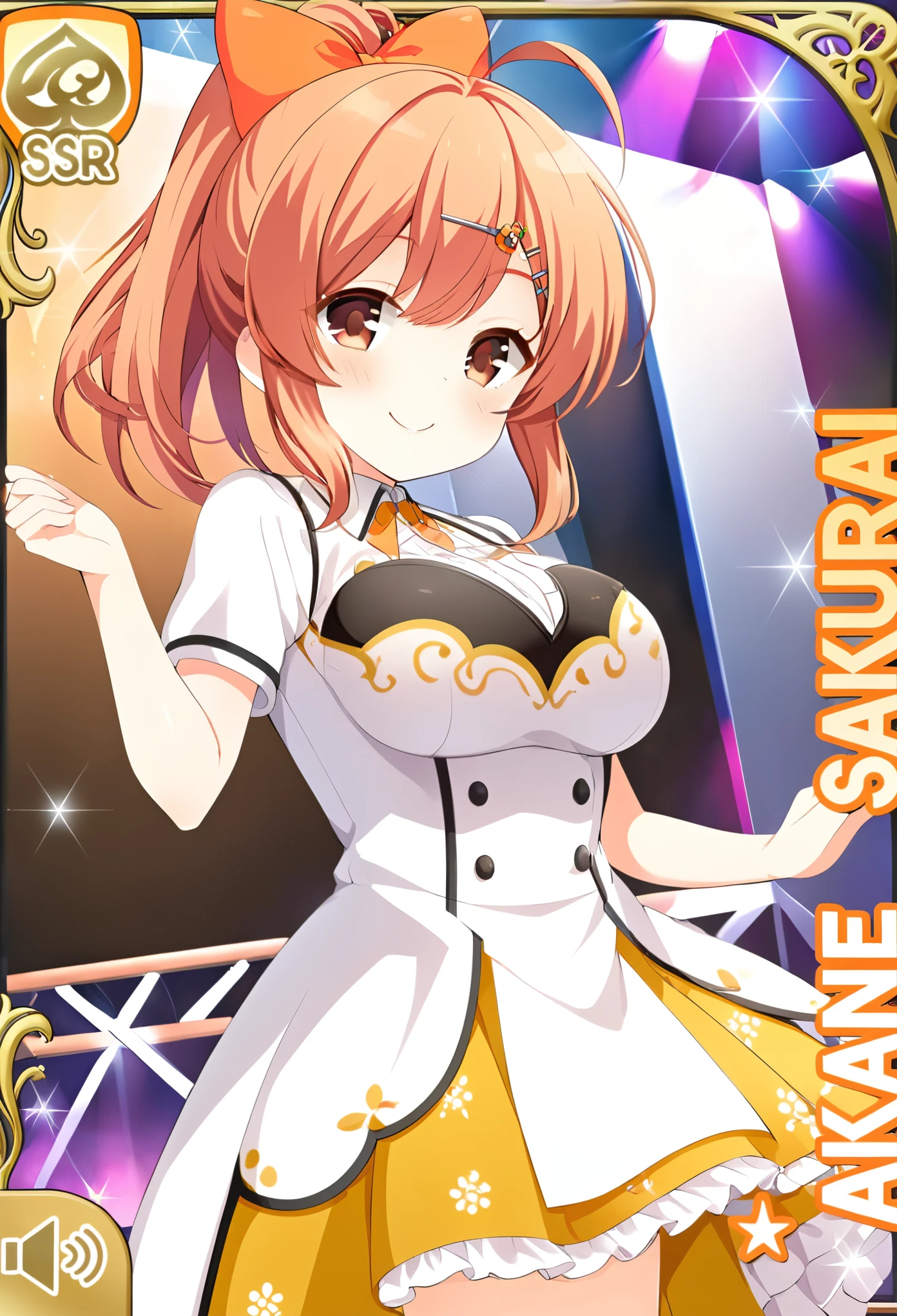 light brown hair, ahoge, high ponytail, orange ribbon, hair ribbon, hair between eyes, hairclip, food-themed hair ornament, short hair, brown eyes, , live stage, large Breasts, Formal dress smile　solo,