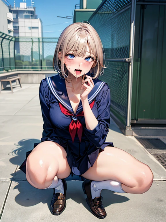 (((Perfect Anatomy, Anatomically correct, Very detailedな肌))), 1 girl, Japanese, high school girl, Shiny skin, 
Beautiful Hair, Beautiful Face, Beautiful fine details, (short hair:1.1, Bobcut:1.2), Dark blonde hair:1, blue eyes, Baby Face, Mole under the eye, 
Beautiful clavicle, Beautiful body, Beautiful breasts, Large Breasts:0.5, Beautiful thighs, Beautiful feet, 
((Long sleeve, cute navy sailor suit, Navy Pleated Skirt, Navy sailor collar, Blue Sailor Scarf, socks, Brown Loafers)), Captivating thighs, , 
((Ahegao, Embarrassing, Drooling, Open your mouth)), ((squat, Spread your legs, Roll up the skirt yourself)), 
(Beautiful views), winter, School rooftop, building, Chain link fence, 
8k, highest quality, Masterpiece​:1.2, Very detailed), (Realistic), Beautiful illustrations, Natural light, (((Incontinent))), (((Peeing))), (((Peeing on your own))), (Pee drips from the crotch), Pee stains,