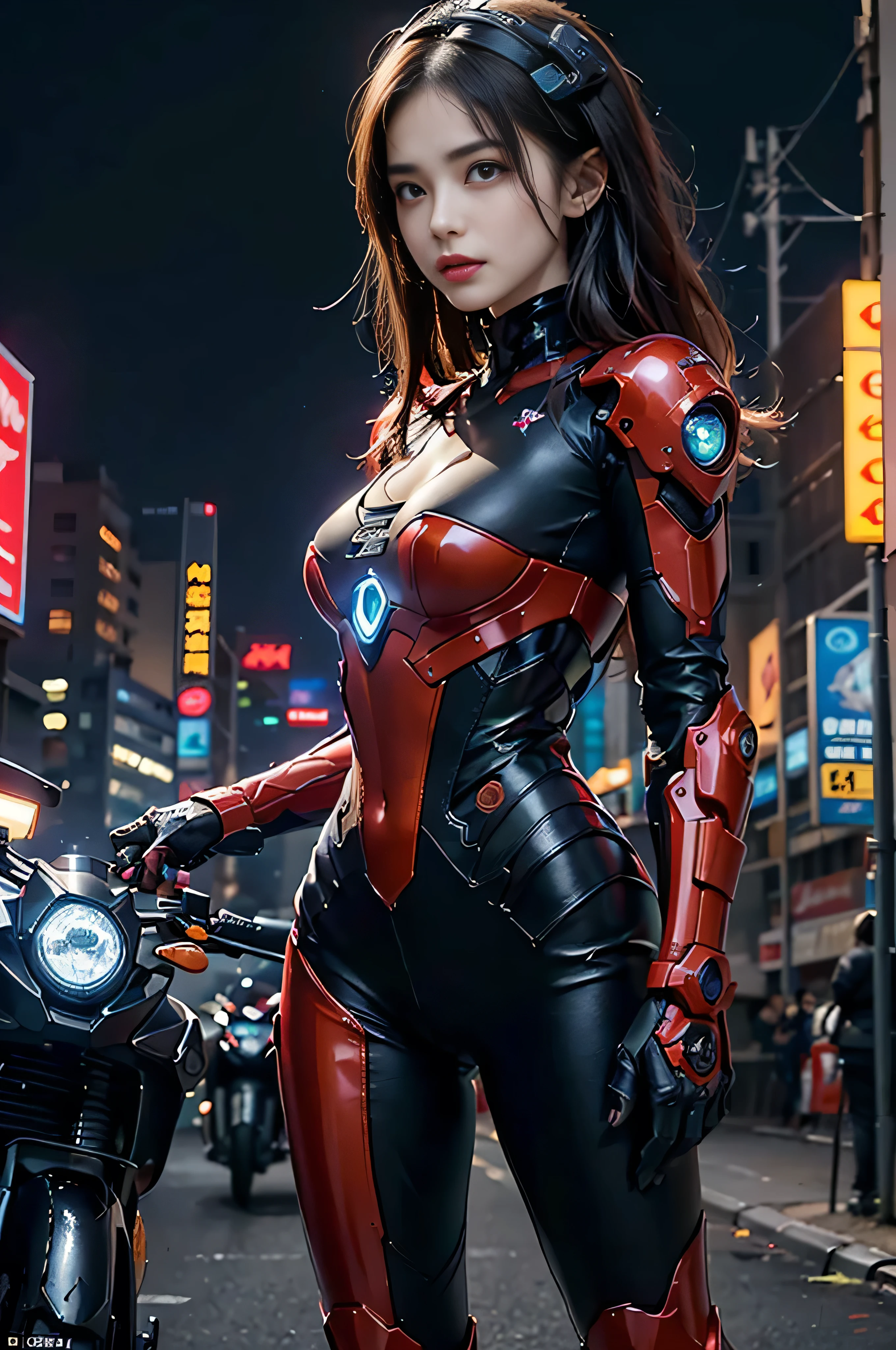 (RAW quality:1.4), masterpiece, highest quality, High resolution, dark_Fantasy, cyber punk, (Sword Weapons,red:1.1),1 person, Japanese women, , mechanical,Robotic presence,Cybernetic Guardian, darkness, Night city background, at night, cyber punk mecha humanoid black and red  is riding  a futuristic Ducati Panigale V4 race motorcycle on a mountain road at night, Realistic Style, Inspired by Blade Runner, Dark and dramatic lighting, Red and Black Theme, Central curve composition, Rear view. (An ultra-fine masterpiece:1.5), (beautifuly intricate:1.5), (highest quality:1.5), (beautiful + beautiful + Harmonious:1.5), (Highly detailed face, Ultra-detailed eyes, Highly detailed mouth, Super-detailed body, Very fine needles, Very elaborate clothing, Ultra-detailed landscapes:1.5), (Sharpen details:1.2), Blurred Background, Shallow subject depth,