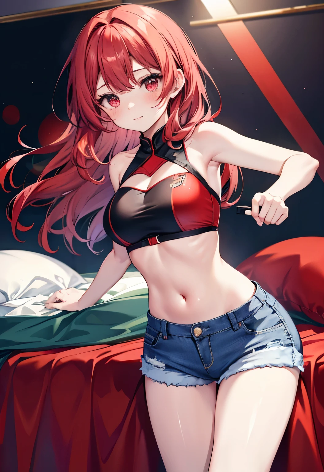 Red hair，Red Eyes，Long hair，Double tail，blush，Li Xiuning（destiny）Large Breasts，Red Sling Bikini，Bedroom background，Denim shorts，