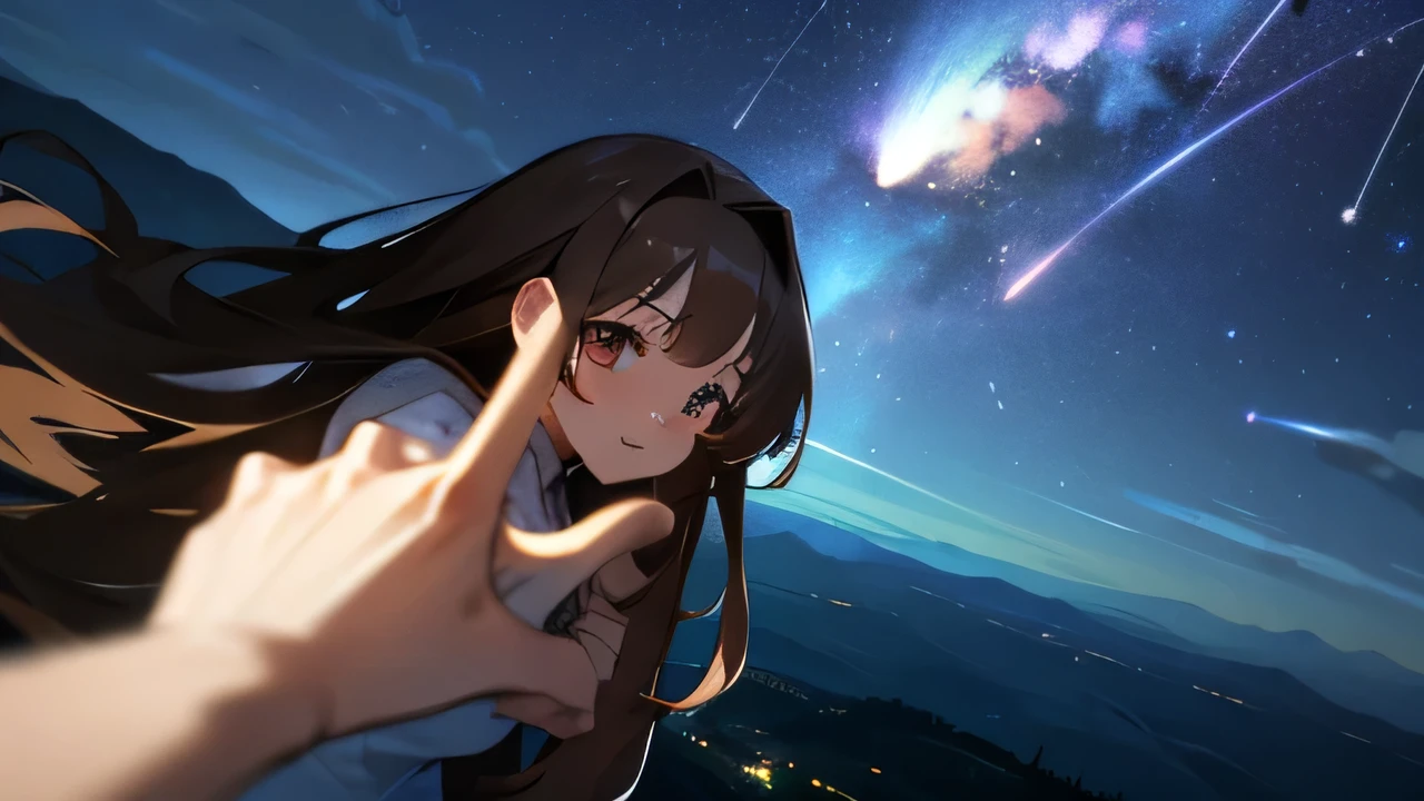 night,Starry Sky,Meteor Showers,Mountaintop Observatory,First-person perspective,The protagonist extends his right hand,A girl with long brown hair,The two fingers interlocked,Girl's shy expression