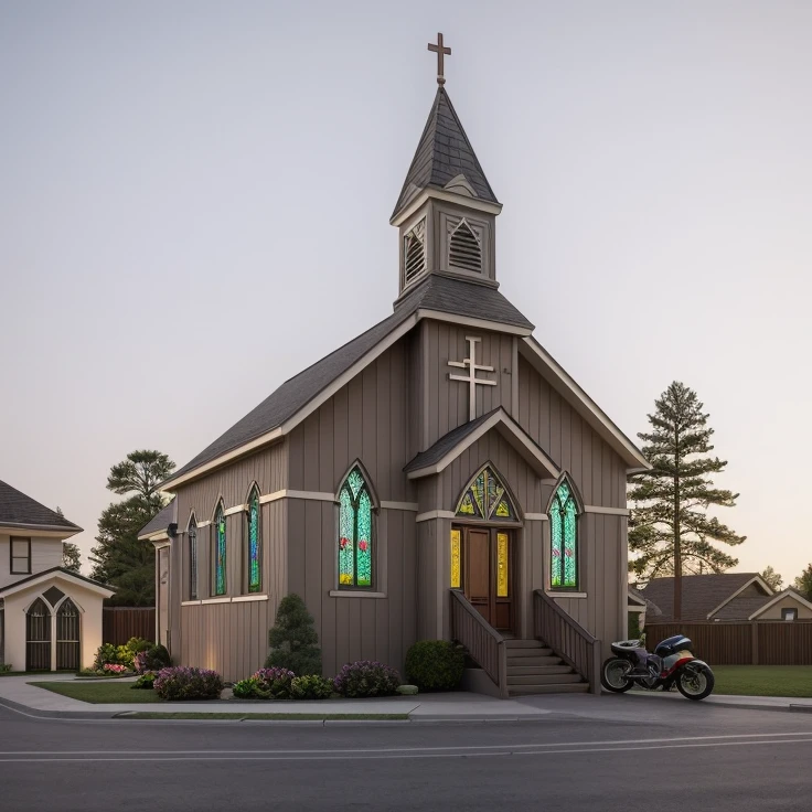 Ultra-realistic 8k, hd image quality, sharp detail, 2-story (((Church :1.3))) house, main materials: white walls, wooden ceiling accents, large glass windows, roads, cars, sidewalks, American Palm trees high, has a small alley, located in a residential area, modern style, shimmering sky, sunset light, feels peaceful, beautiful, close and warm, ((Warm light from indoor:1.3)), (daylight:1.2), perfect lighting,dynamic light,2 large glass doors,((1 large glass window:1.3)), (night light), (colorful flowers in front of the house)