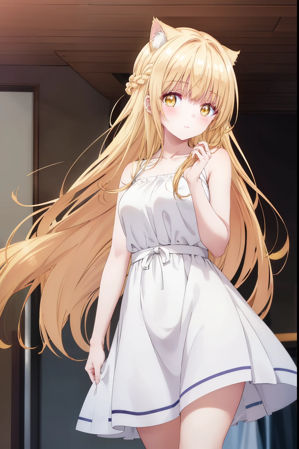 Mahiru shiina, , blonde, (Yellow Eyes:1.3)、Braided long hair,,blush,smile,Captivating thighs、Beautiful bare legs, Sideways armpit、Wearing cat ears、Cat's Tail、She's very clingy、Cat ears grow、Cat Pose、Seduction in bed、With a tail
(masterpiece:1.2), highest quality, High resolution, unity 8k wallpaper, (shape:0.8), (Beautiful and beautiful eyes:1.6), Highly detailed face, Perfect lighting, Extremely detailed CG, (Perfect hands, Perfect Anatomy),
