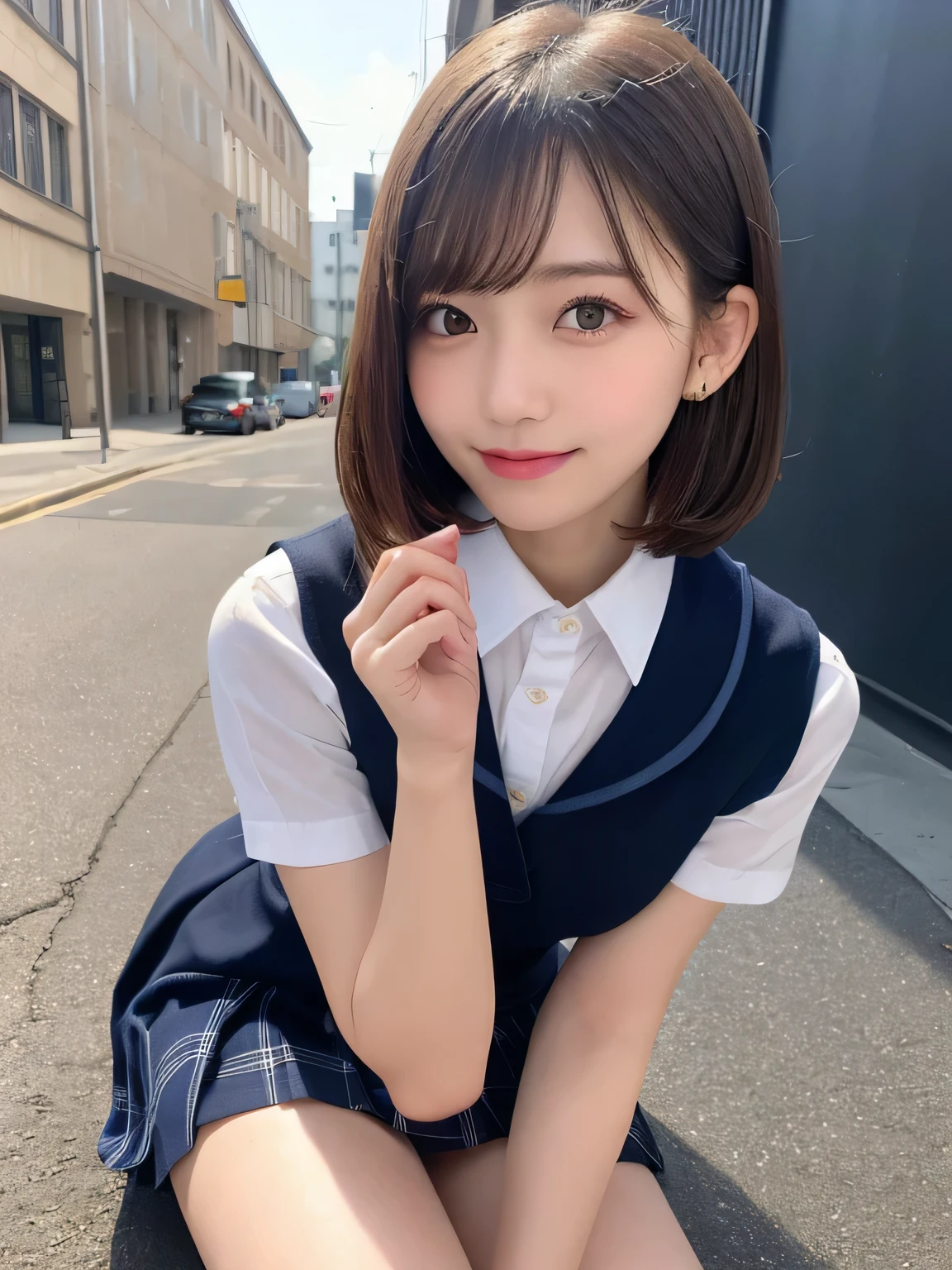 highest quality、figure、 Blonde、He has white headphones on his ears、Ultra-detailed、High resolution、8k wallpaper、Perfect dynamic composition,、Beautiful fine details、Natural color lip、Bold sexy pose、smile、17-year-old girl、cute、sexy shot looking at camera、(highest quality: 1.3), (masterpiece: 1.3), (Super Detail: 1.3), (One Girl: 1.1), (Detailed hands and fingers:1.2)、(Ultra-oily, lustrous skin with attention to detail:1.1)、Oily shiny knee socks、(The perfect school girl uniform:1.3)、Short sleeve dress shirt、(Navy Blue Sleeveless :1.2)、(Beautiful shapely small breasts:1.3)、(Dark blue plaid mini skirt:1.2)、Sit with your legs apart、Brown Hair、short hair、Twin tails、Beautiful sister、Pink wall