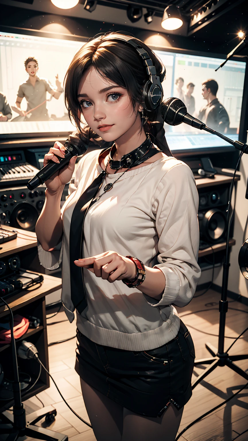 mouth, One girl, alone, In the recording studio, Singing with a microphone,smile
