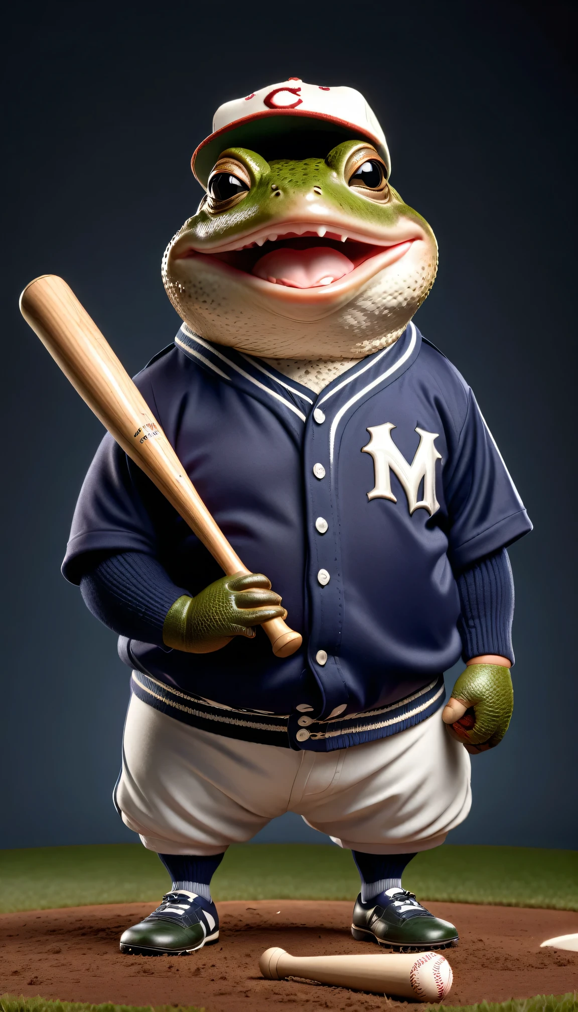 photorealistic portrait of Dressed animals - a ((fat)) toad Baseball player,(holing bat:1.5),(happy smile),(), high quality,(lovely) ,intricate details, highly detailed (baseball uniform )),baseball cap,, (happy), studio lighting,(full body image:2.0)