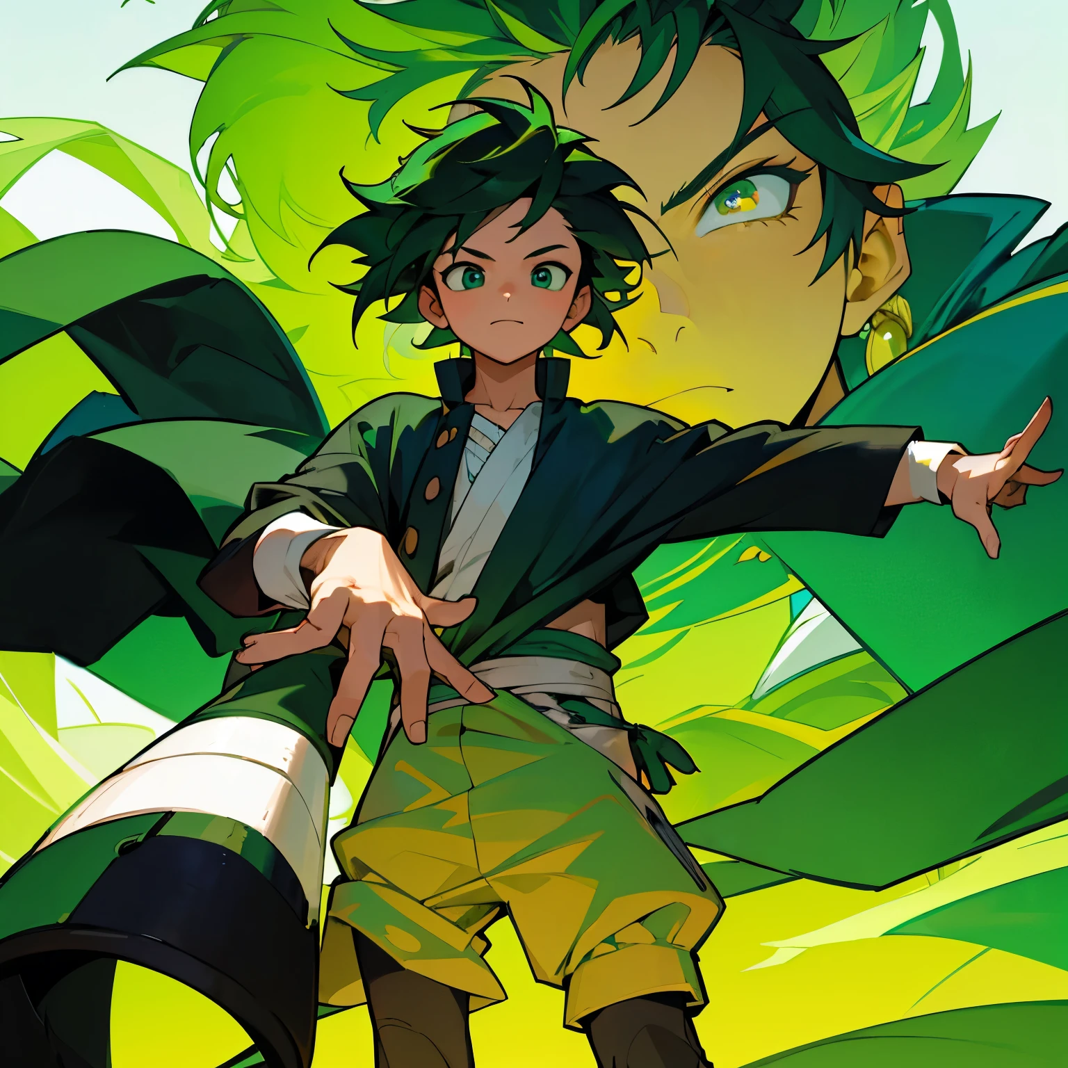 young green haired man about 10 years old, ojos verde esmeralda, cabello ligeramente largo y desordenado, guantes negros, ropa casual de color verde con negro 