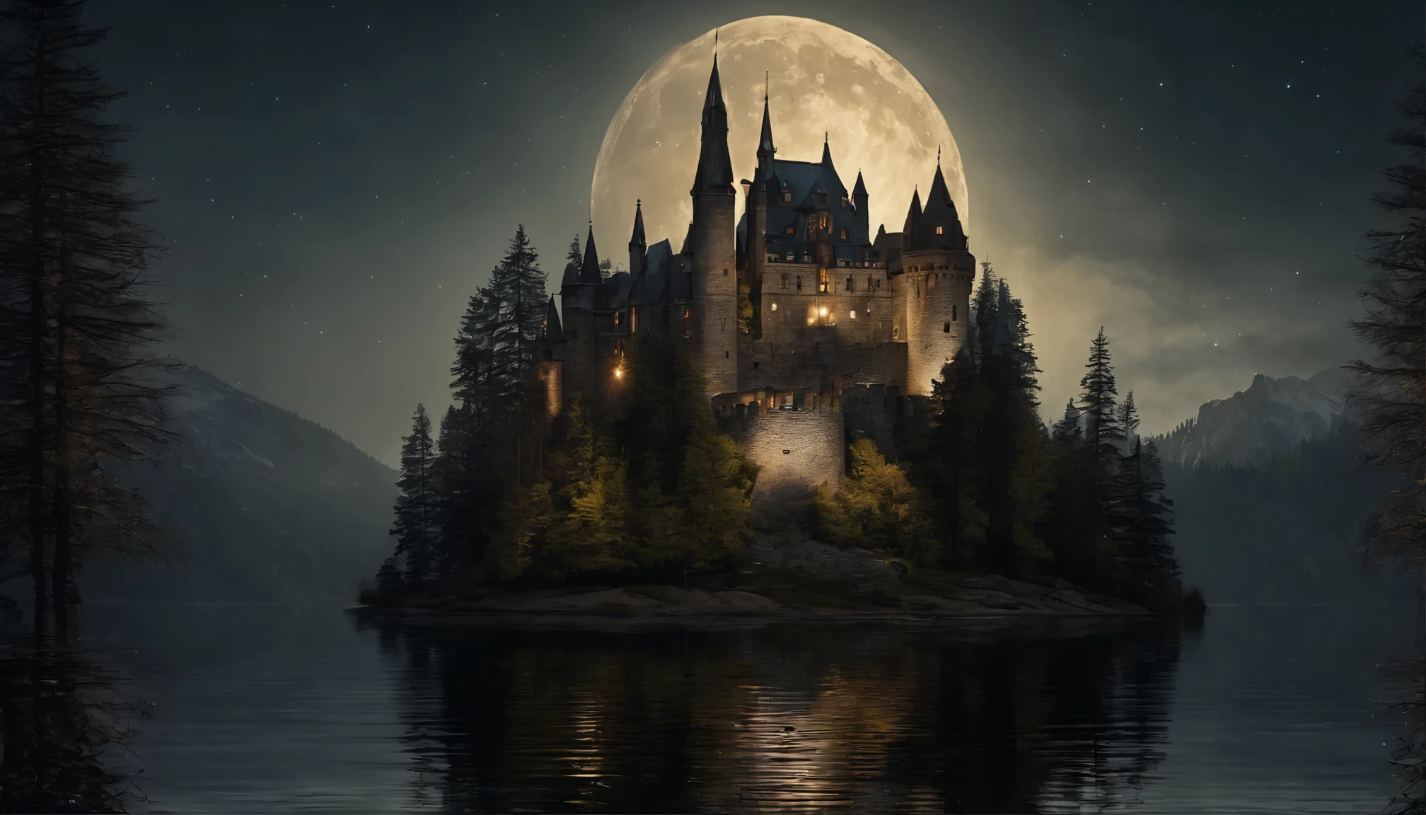 Big castle in the mountains, high towers, forest of nine conifers, lake in front of the castle, dark starry night, the moon