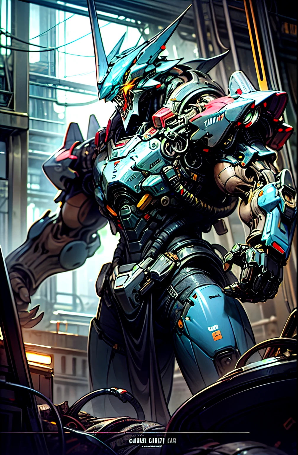 A poster style image with a futuristic city background、The story focuses on humanoid monsters wearing muscular, rock-like armor.。This monster is、The fuselage has a neon blue luminous pattern.、Has a strong and fearsome look。The overall visual style is cyberpunk-esque。This image is dynamic and impactful.、Emphasise the futuristic atmosphere。