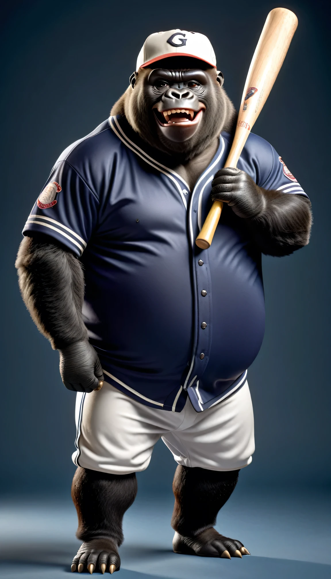 photorealistic portrait of Dressed animals - a ((fat)) gorilla Baseball player,(holing bat:1.5),(happy smile),(), high quality,(lovely) ,intricate details, highly detailed (baseball uniform )),baseball cap,, (happy), studio lighting,(full body image:2.0)