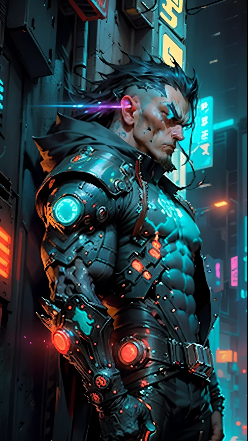 A poster style image with a futuristic city background、The story focuses on humanoid monsters wearing muscular, rock-like armor.。This monster is、The fuselage has a neon blue luminous pattern.、Has a strong and fearsome look。The overall visual style is cyberpunk-esque。This image is dynamic and impactful.、Emphasise the futuristic atmosphere。