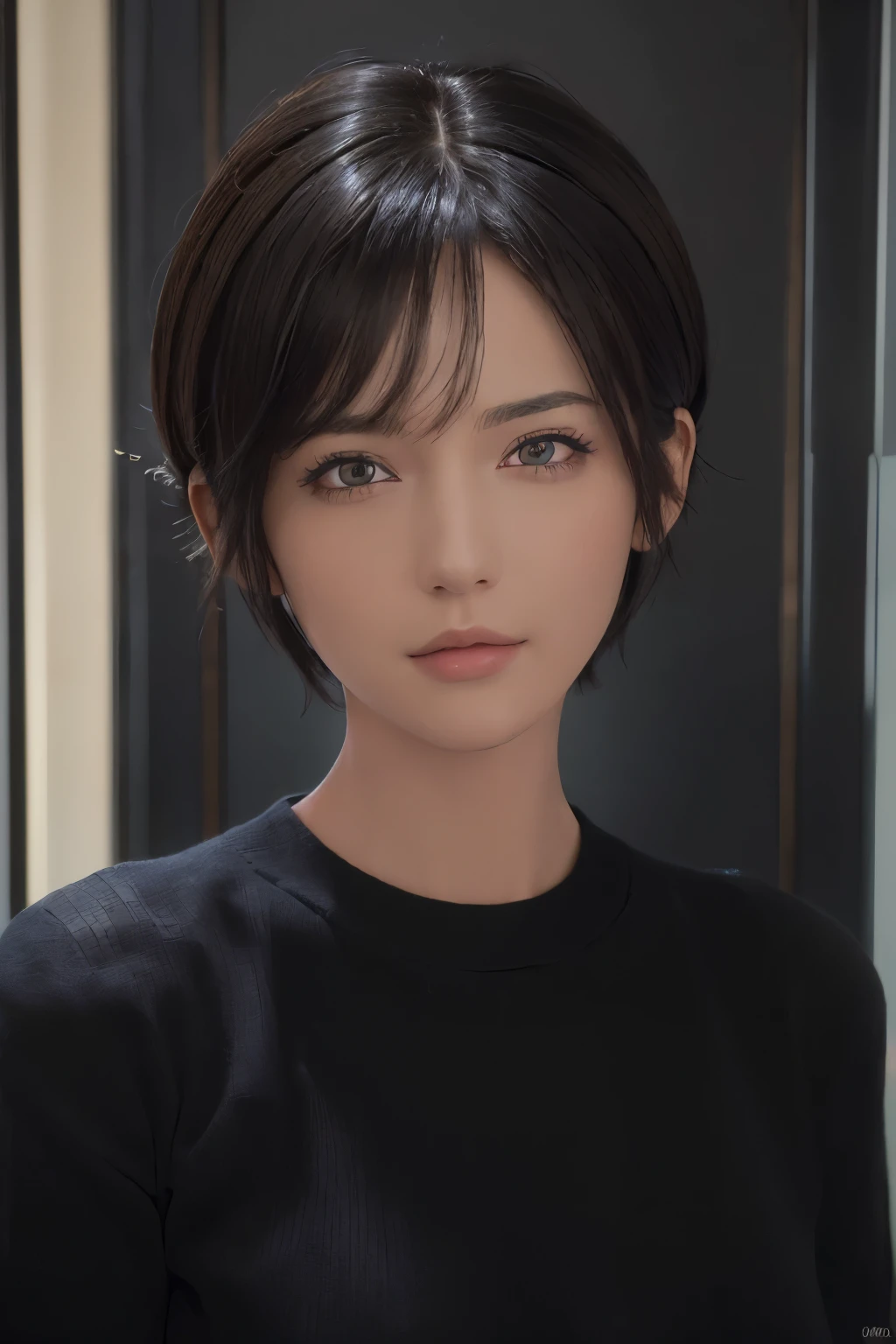 (masterpiece:1.3), (8k, photorealistic, RAW photo, best quality: 1.4), (1girl), beautiful face, (realistic face), (black hair, short hair:1.3), beautiful hairstyle, realistic eyes, beautiful detailed eyes, (realistic skin), beautiful skin, (sweater), absurdres, attractive, ultra high res, ultra realistic, highly detailed, golden ratio