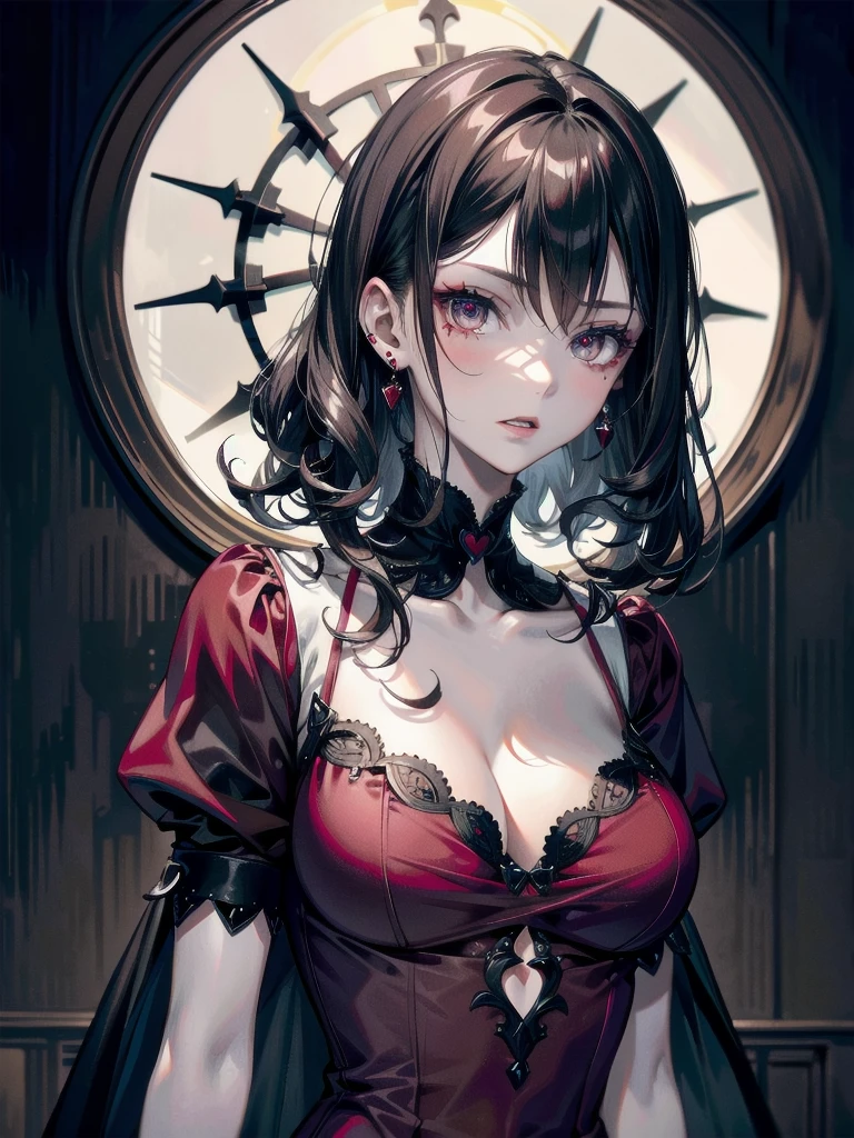 whole body, Gothic red dress, vampire, (in castle), absurdres, RAW photo, extremely delicate and beautiful, masterpiece, Best Quality, ultra high resolution, 32k, hyperrealistic, ultra-detailed, detailed description, pale skin, 20 years old, detailed beautiful face and eyes, tearful mole, earring, Colossal tits, short medium hair, wavy hair,　