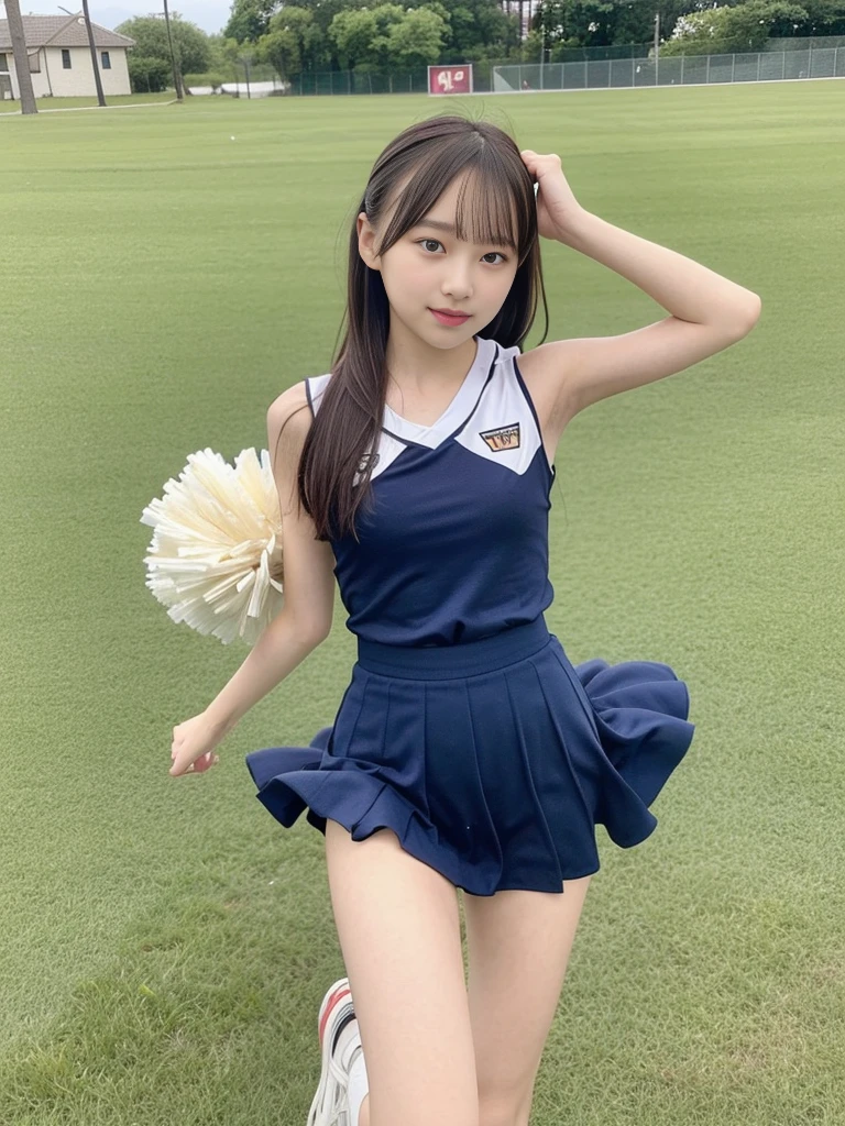 (masterpiece, highest quality:1.4), Award-winning portraits, 8k, 85mm, alone, Beautiful Face, Delicate girl, (Cheerleader、On the grass), Sophisticated, cute, , RAW Photos, Confused, High resolution, Sharp focus, Background blur、(((Flat 、thin and delicate body、Childish atmosphere)))、shiny semi-long hair、ponytail、Mole on the left cheek、 Dark blue eyes、High Kick、the skirt is swaying in the wind、Hair swaying in the wind、sexy、Flexible legs
