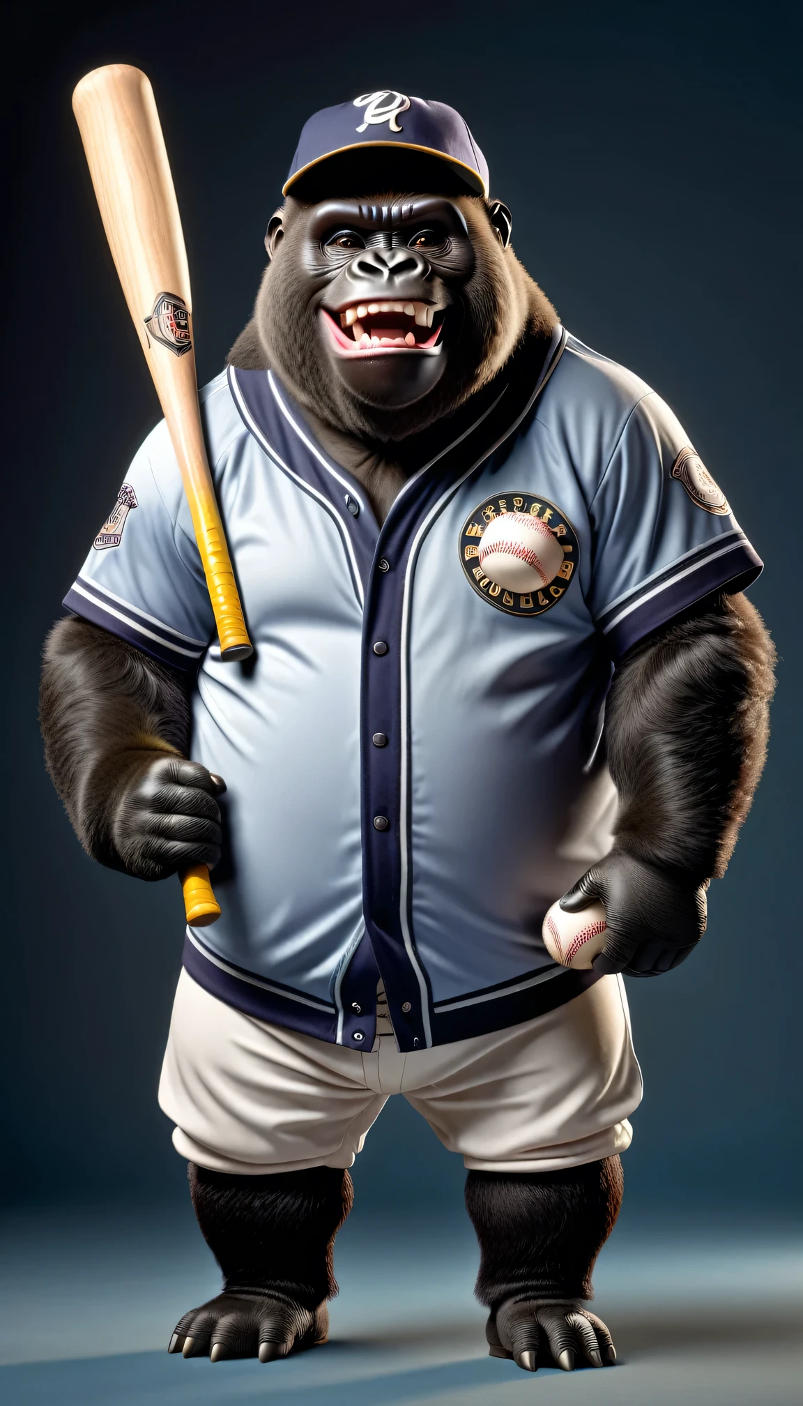 photorealistic portrait of Dressed animals - a ((fat)) gorilla Baseball player,(holing bat:1.5),(happy smile),(), high quality,(lovely) ,intricate details, highly detailed (baseball uniform )),baseball cap,, (happy), studio lighting,(full body image:2.0)