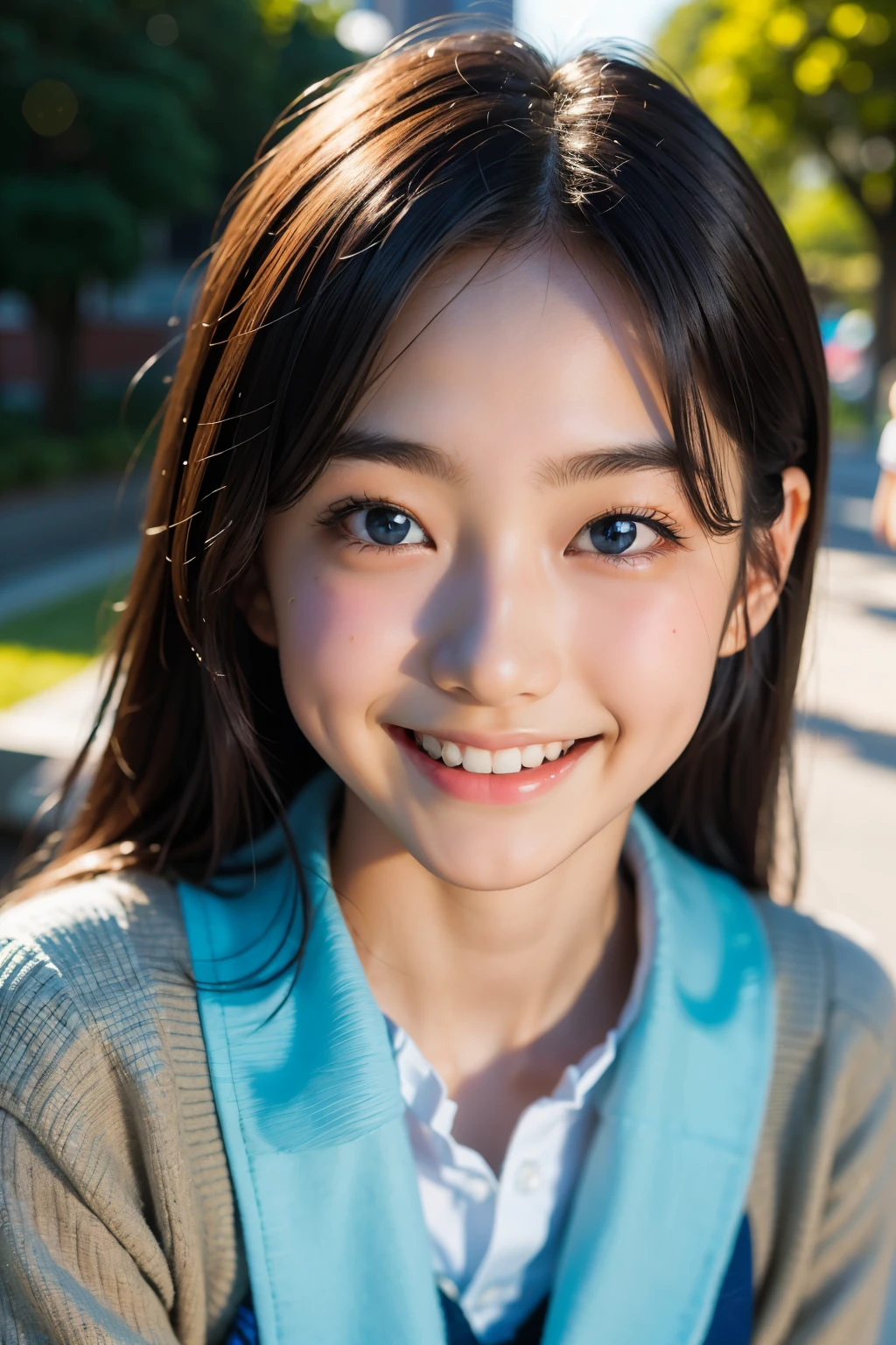 lens: 135mm f1.8, (highest quality),(RAW Photos), (Tabletop:1.1), (Beautiful 17 year old Japan girl), Cute face, (Deeply chiseled face:0.7), (freckles:0.4), dappled sunlight, Dramatic lighting, (Japanese School Uniform), (On campus), shy, (Close-up shot:1.2), (smile),, (Sparkling eyes)、(sunlight), Bob