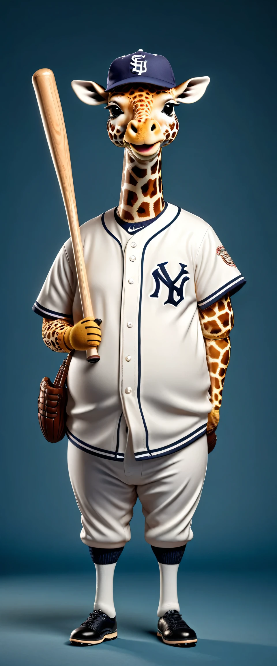 photorealistic portrait of Dressed animals - a ((fat)) giraffe Baseball player,(holing bat:1.5),(happy smile),(), high quality,(lovely) ,intricate details, highly detailed (baseball uniform )),baseball cap,, (happy), studio lighting,(full body image:2.0)