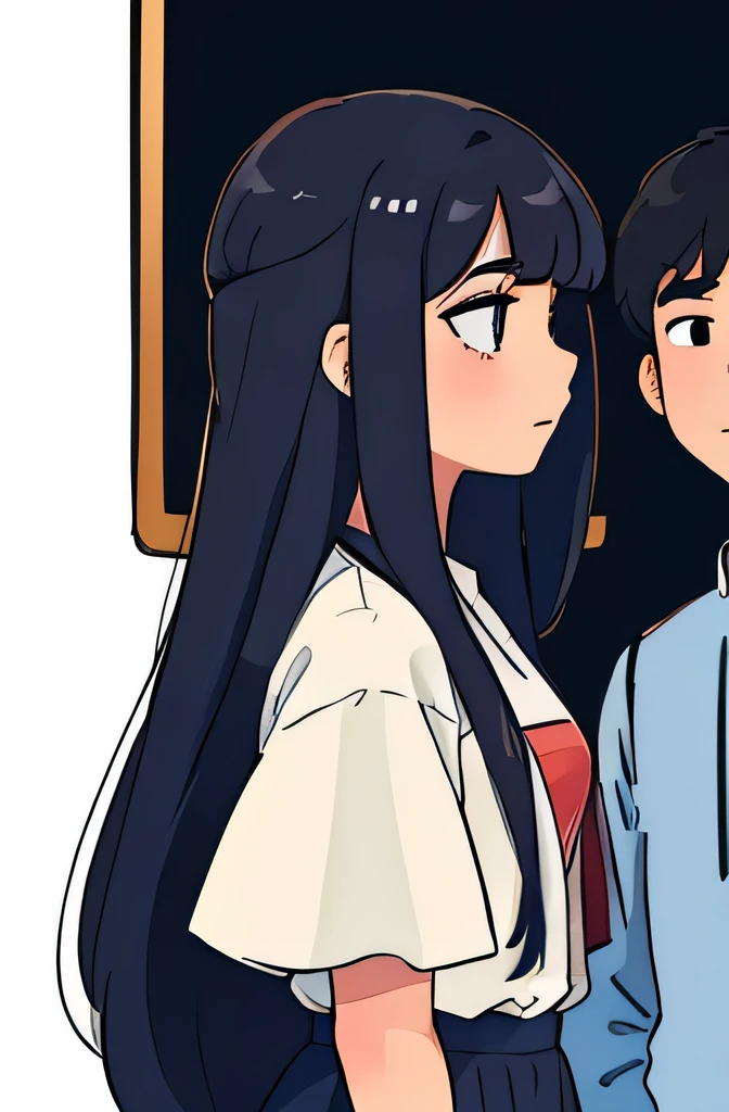 side view illustration of a girl having long hair with bangs and boy standing in front of each other, looking at each other, view from the side, closeup details