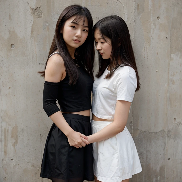 Cute asian girl in a white pinning an asian girl in a black skirt to a wall
