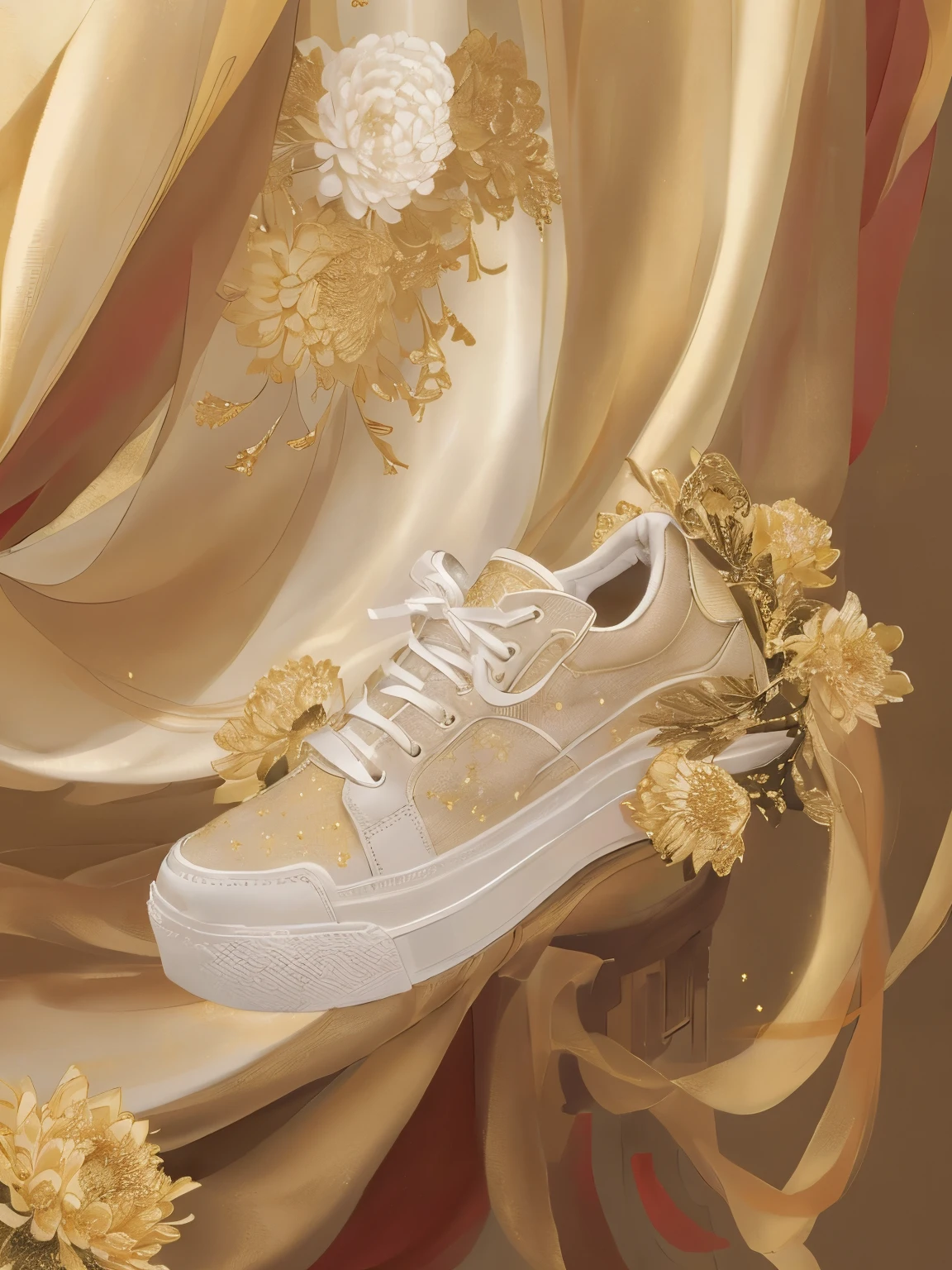 A white shoe on a golden cloth with chrysanthemum embroidery,There is a chrysanthemum on it, 🤬 🤮 💕 🎀, Chrysanthemum and gold, fashionable, Lace, Focus only on sneakers, Made with photoshop, Very detailed product photos, 2 0 2 1, 2021, Sports shoes design, There are stars, Sports shoes photos,