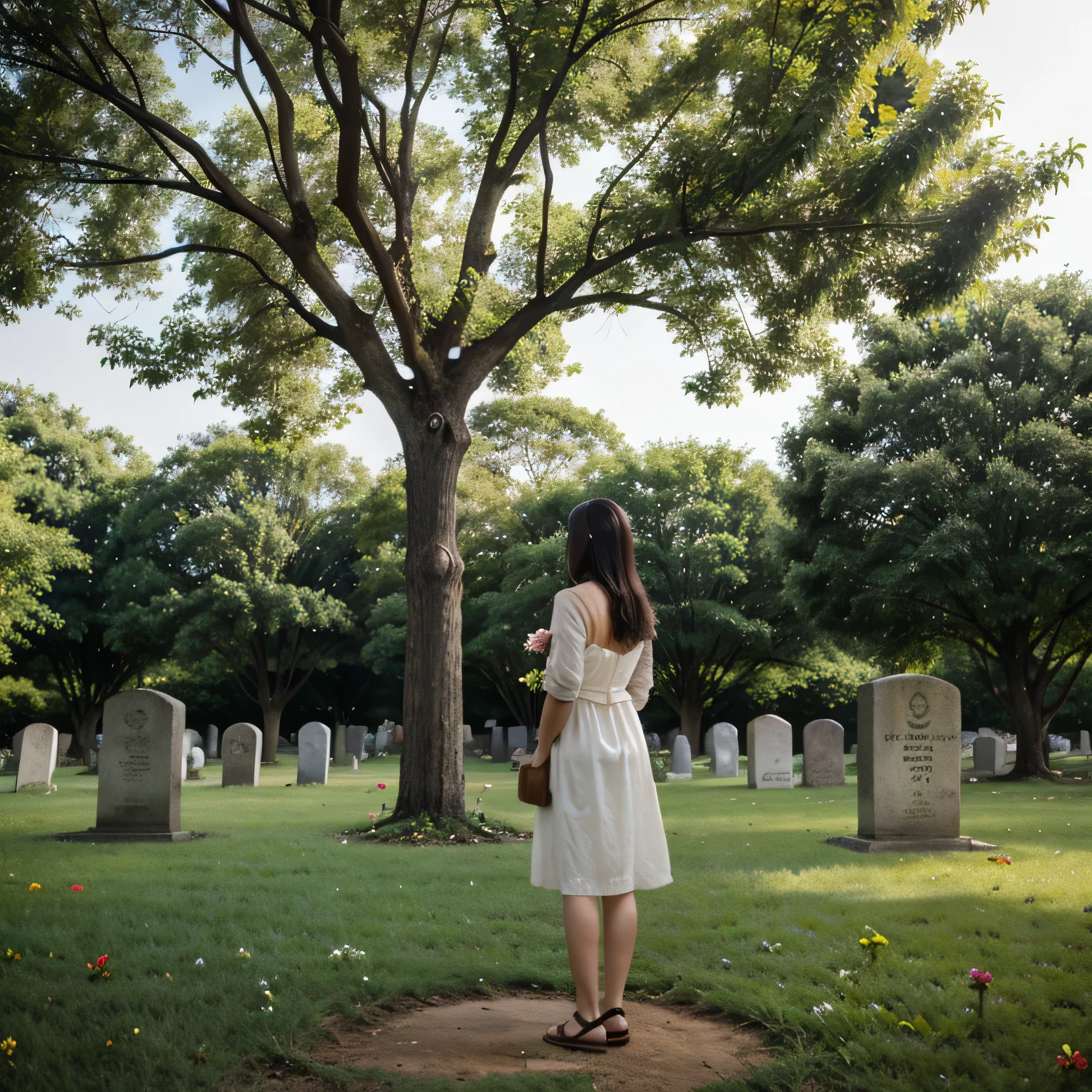 Only one grave , one big tree, one dog , flowers on ground, one mature girl standing holding flower , back side view